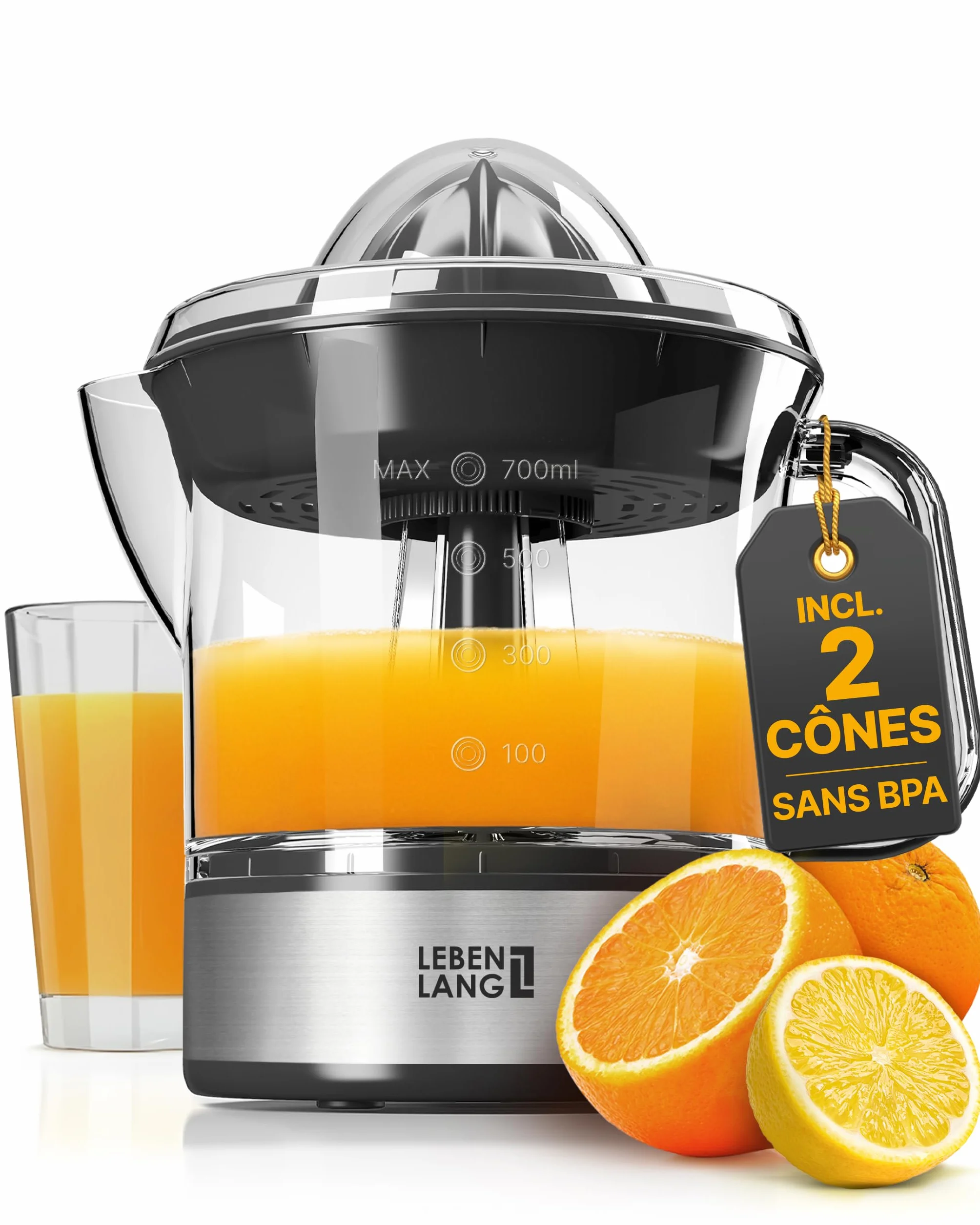 Presse agrume électrique LEBENLANG 2 cônes sans BPA 700ml presse agrumes électriques automatique