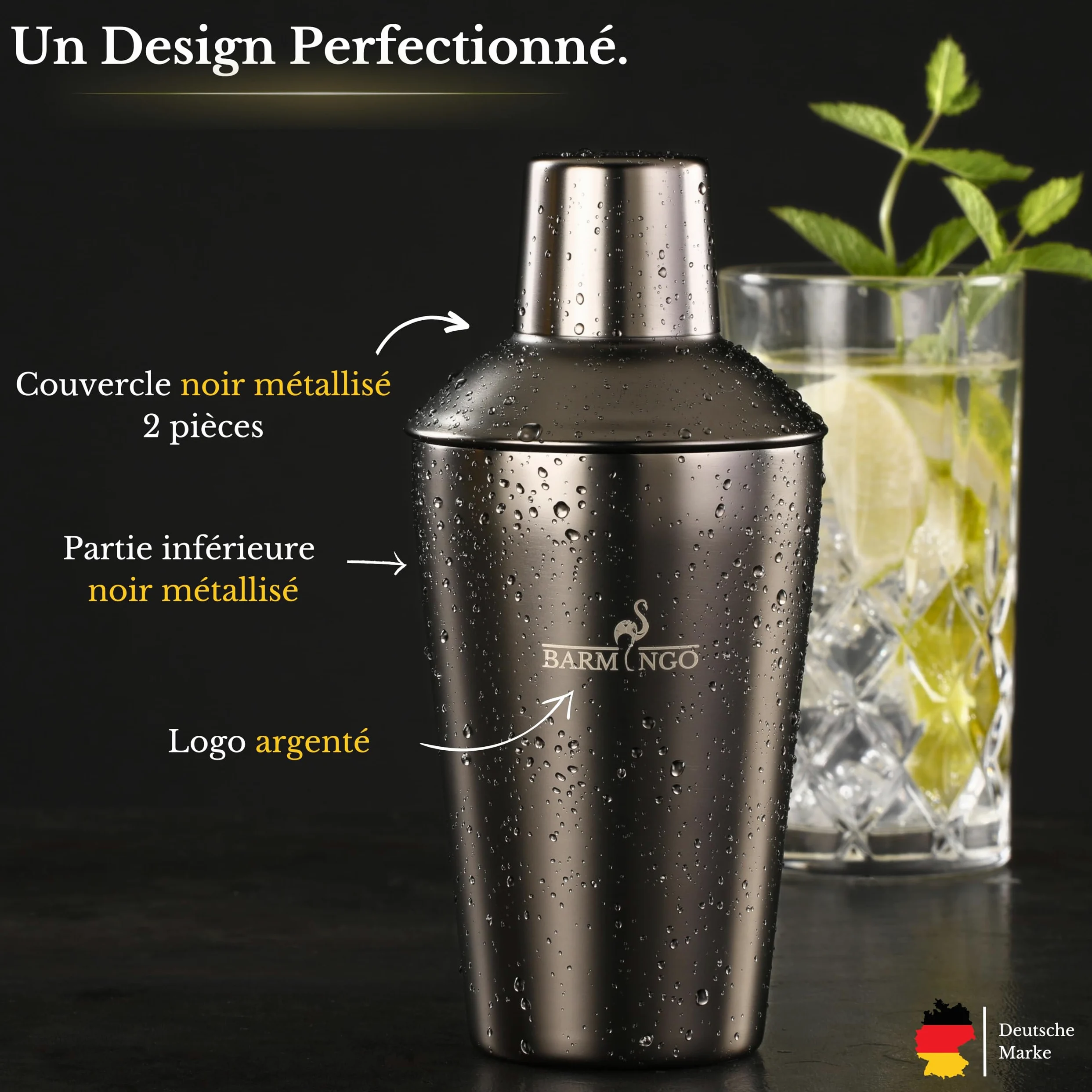 Shaker Cocktail Kit | 5 Pièces, Volume de 500 ML, Noir Métallisé | Shaker Cocktail INOX avec Accessoires de Bar | Set Barman Cocktail Shaker | Kit Cocktail Professionnel