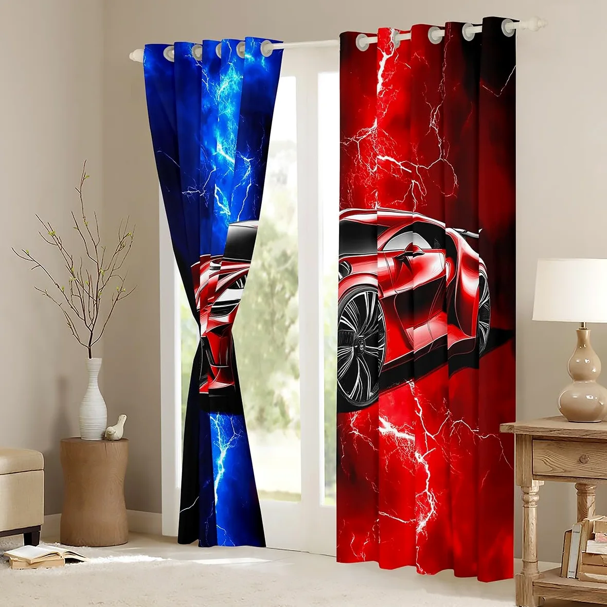 Homewish Rideau Occultant 30%-50% Voiture de Sport 117x137 cm, Rideau Enfant Garçon Voiture de Course, Rideau Voilage Éclairs, Voilage Fenetre Rouge et Bleu, pour Chambre/Salon Décoration de Fenêtre