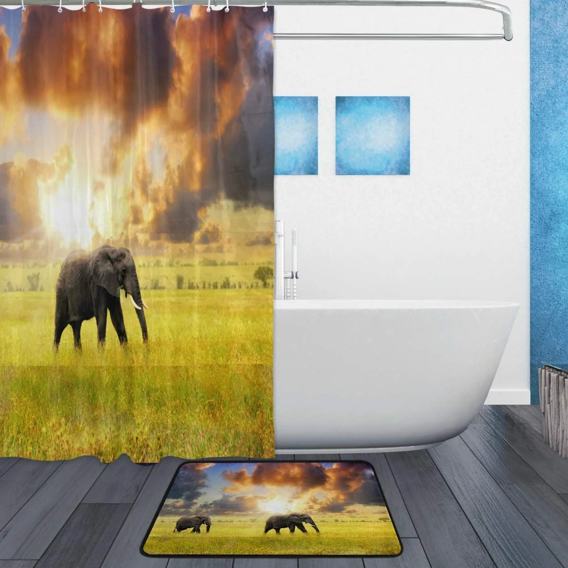 Lot de 2 tapis de bain BKEOY en tissu polyester antidérapant Motif éléphant couchant de soleil Tapis de bain lavable intérieur Décoration de la maison