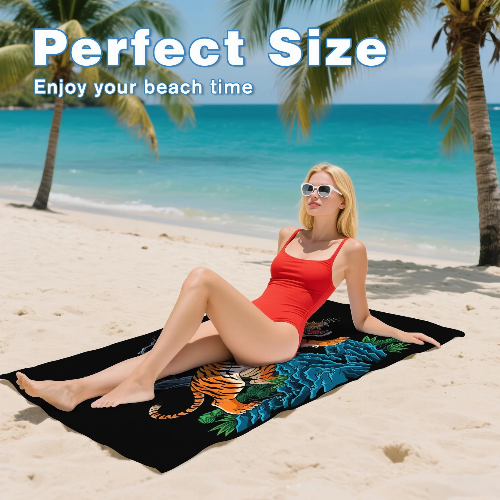 Serviette de Plage XXL Microfibre Tigre Style Asiatique Japonais, Drap de Plage Séchage Rapide Anti Sable & Légère, Serviette de Bain Grande Taille 150x200 cm, Accessoire & Cadeau été