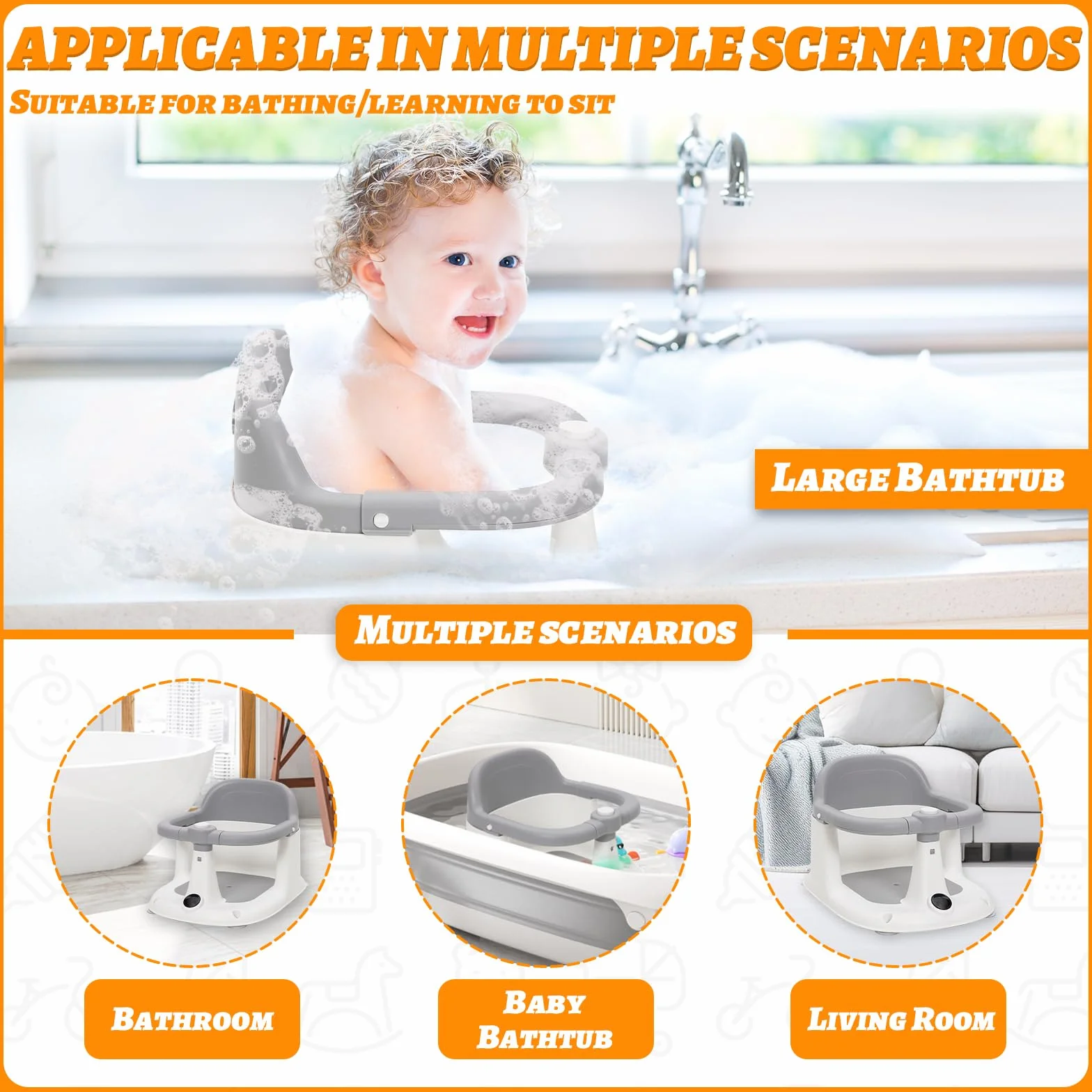 Siège de Bain Bébé 6 Mois et Plus, Anneau de Bain avec 4 Ventouses Puissantes, Antidérapant, Transat de Bain 6-24 Mois, pour Douche ou Baignoire (Gris)