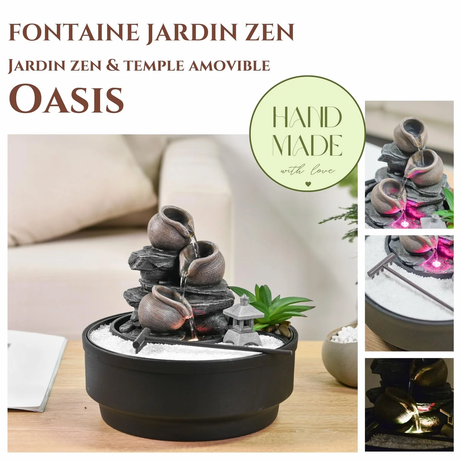 Fontaine d'Intérieur Jardin Zen, Lumière LED, H21 cm - Oasis Zen'Light