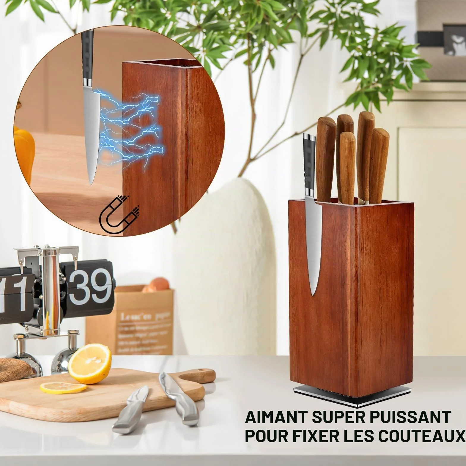 Bloc à Couteaux Magnétique en Bois, Support Couteau Cuisine, Rangement Universel 25x12x12 cm