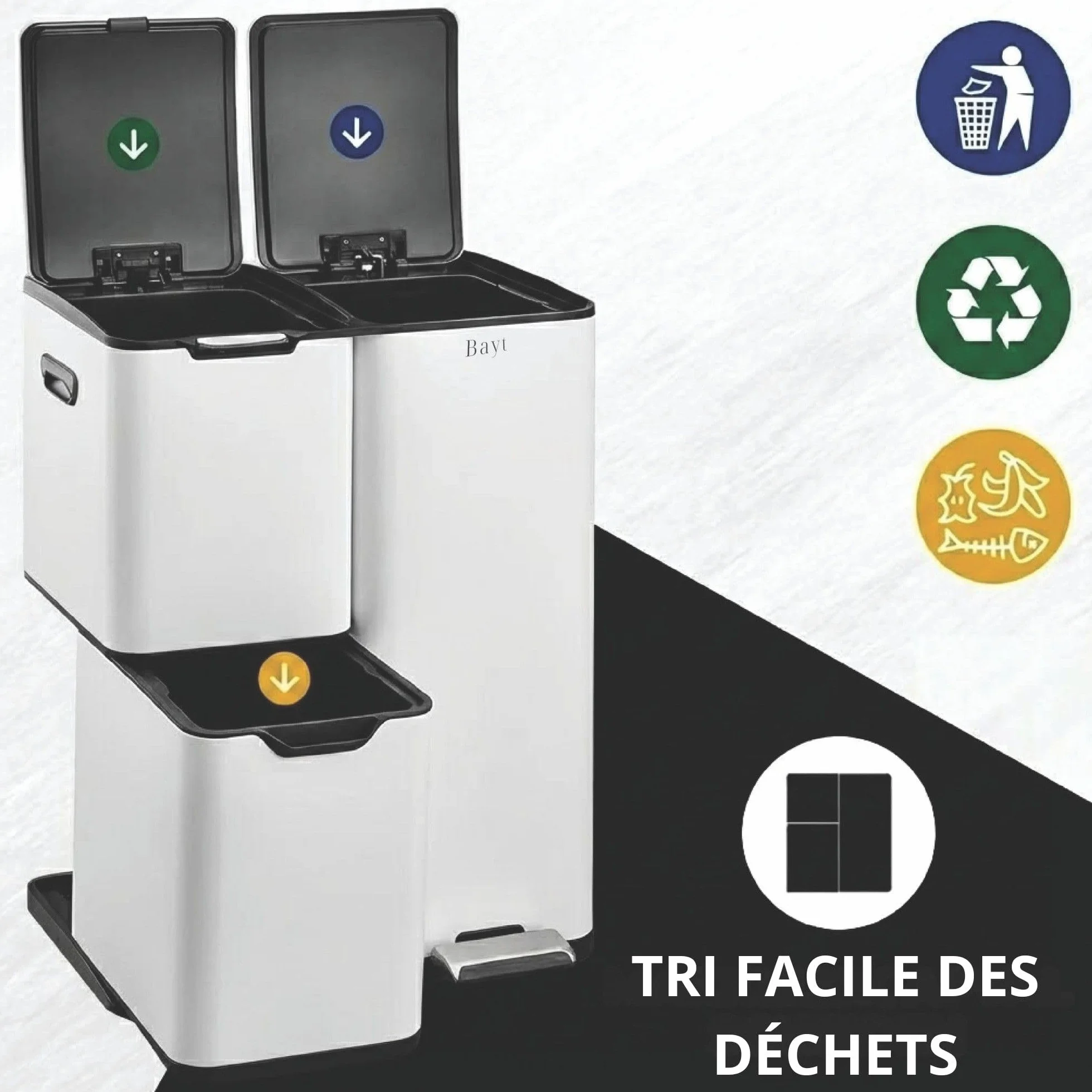 Poubelle Tri Selectif Cuisine 60L Inox 3 Compartiments Anti Odeur Pédale Blanc