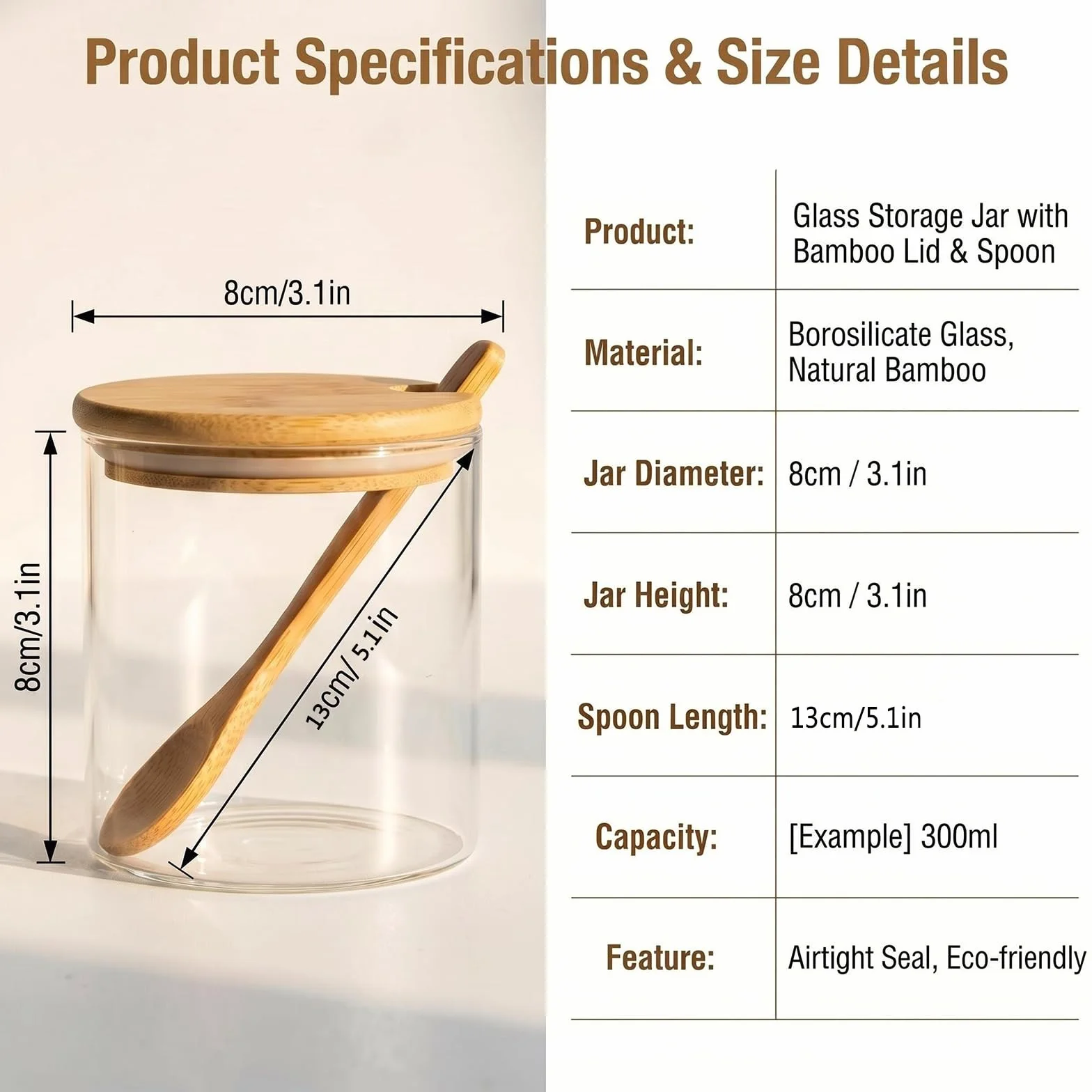 QUUPY Lot de 2 bocaux en verre transparent 300 ml avec cuillères et couvercles pour épices et assaisonnements