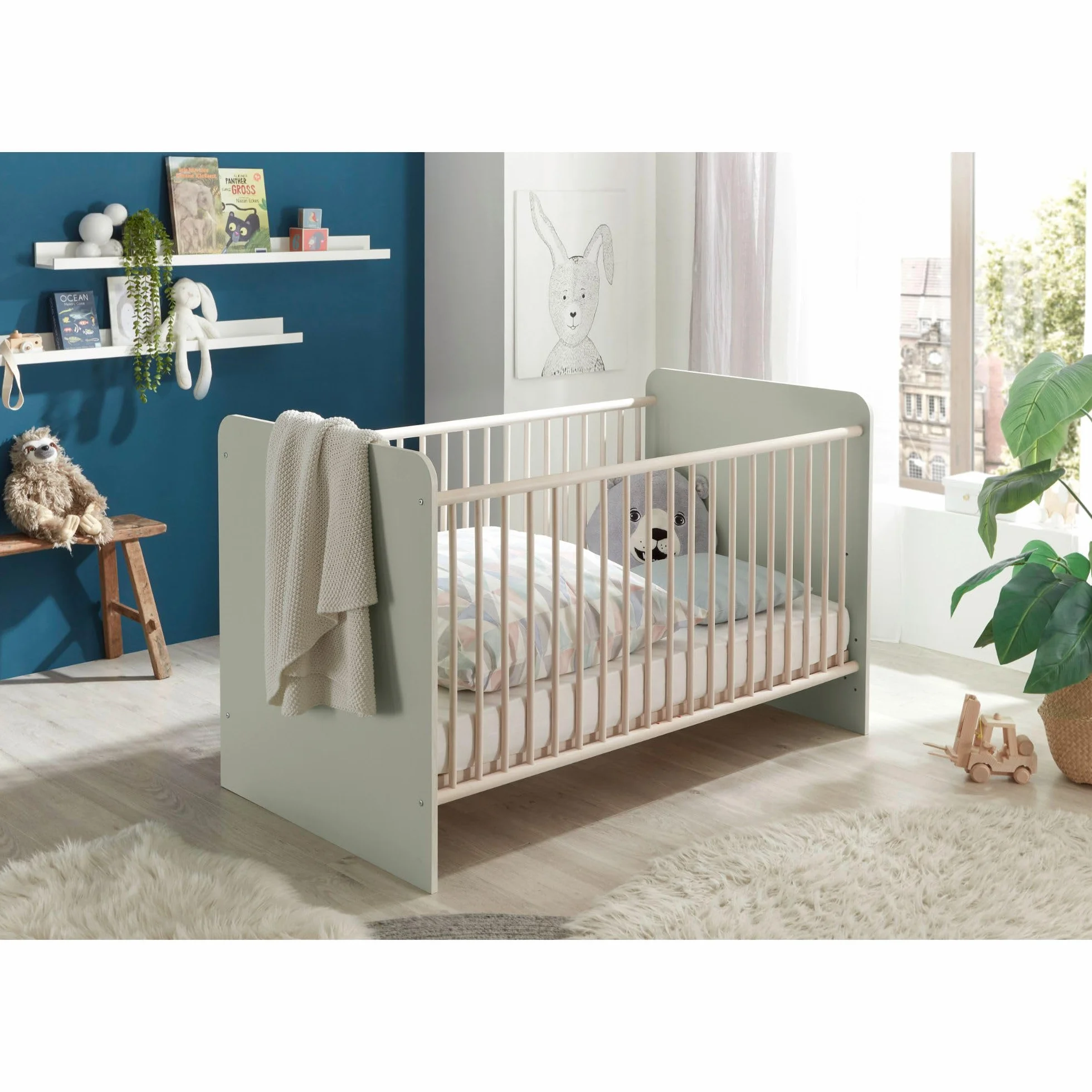 Stella Trading Prizzi Complet Ensemble de Meubles Chambre 3 pièces Armoire Lit Bébé Commode à Langer Bois Vert Pastel