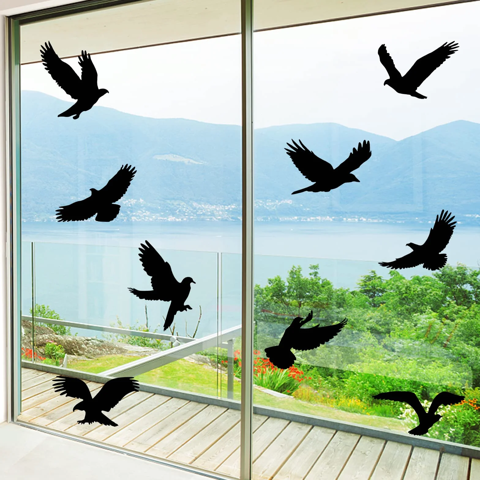 HOOWA Stickers Anti Collision Oiseaux Grand 27-31cm, 9PCS Autocollants Fenetre Electrostatique PVC Noir Protection Oiseaux