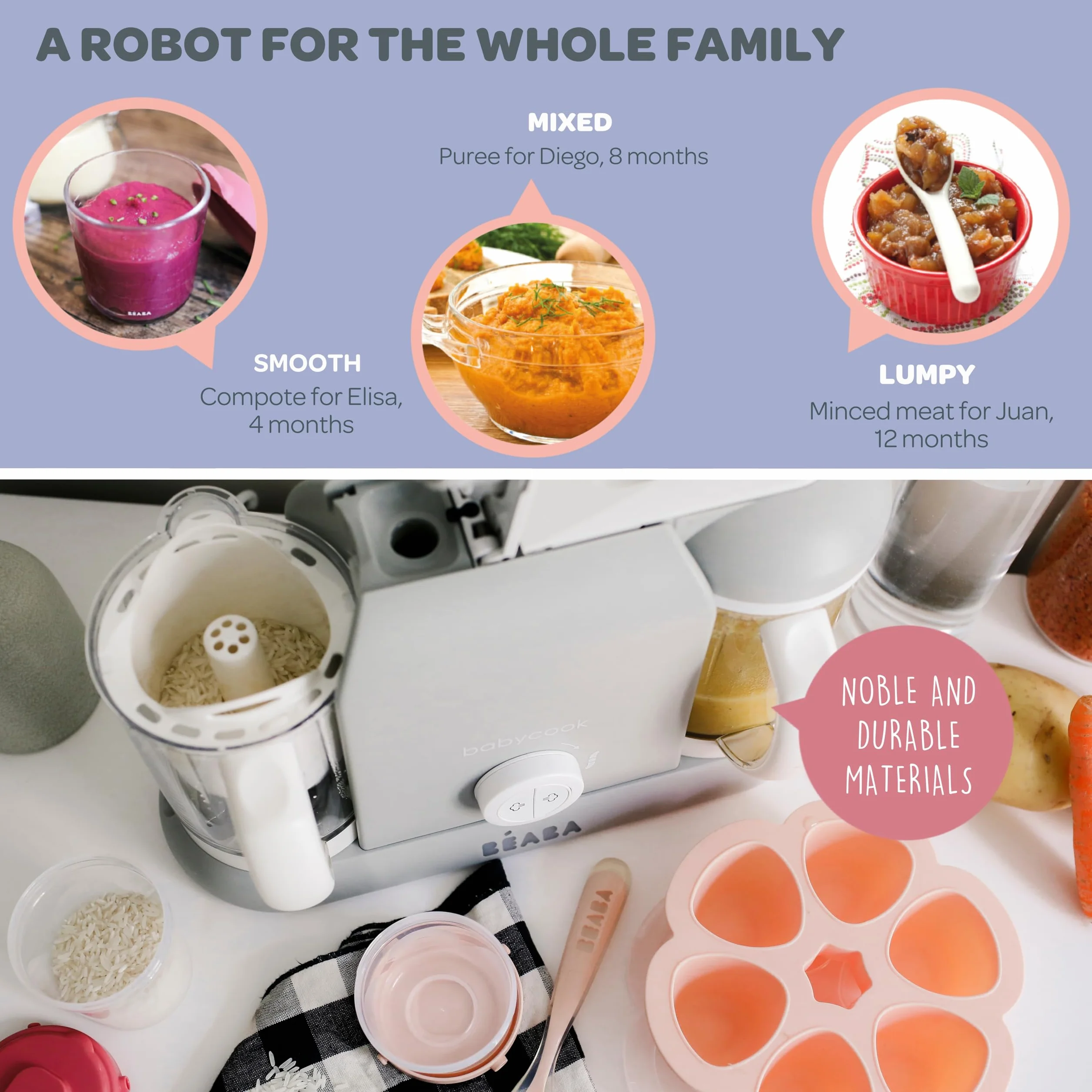 Béaba Babycook Duo Baby Food Maker 4 in 1 Food Processor Blender Cooker Soft Steamer 2 x 1100ml Grey