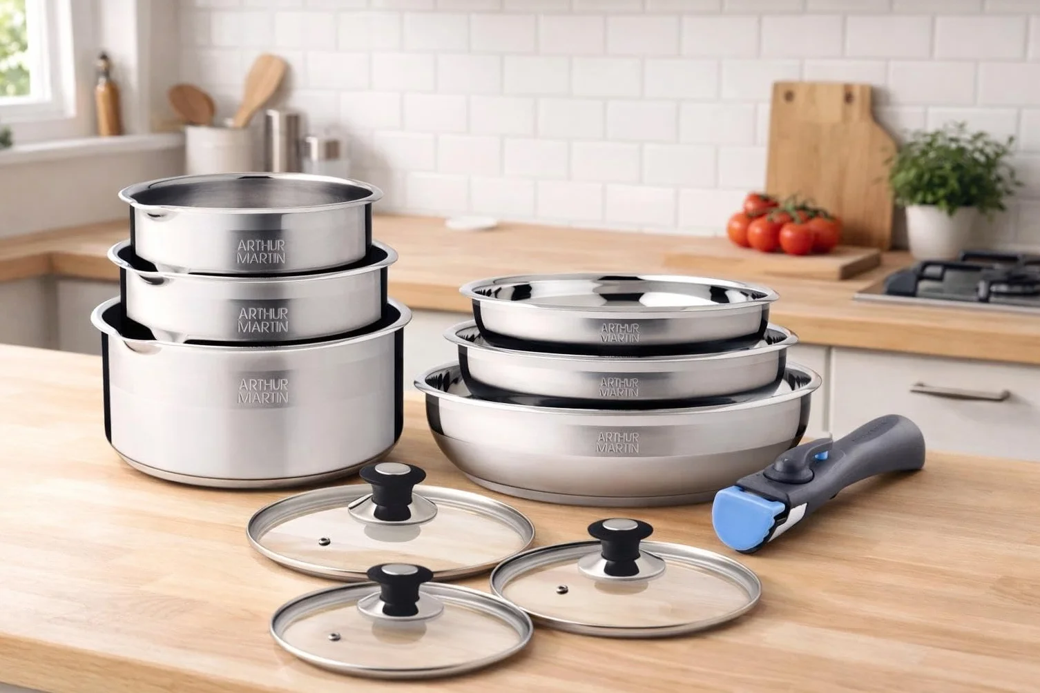 ARTHUR MARTIN Batterie de Cuisine 10 Pièces Inox Casseroles Poêles Antiadhérentes Compatible Tous Feux Poignée Amovible