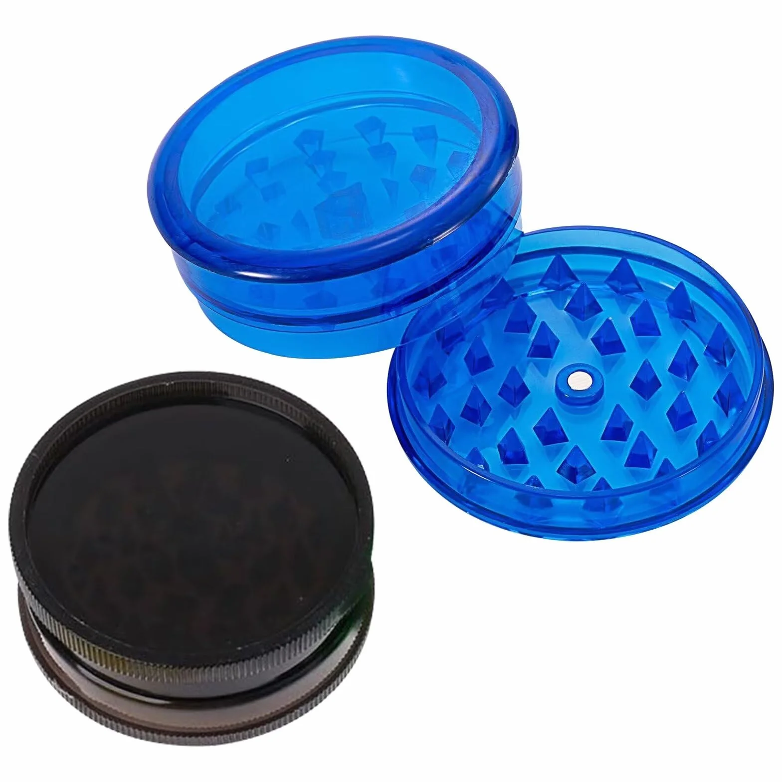 Lot de 2 moulins en plastique 60 mm Trois pièces Crusher Kitchen, broyeur à pollen et herbes en plastique pour épices Bleu et noir
