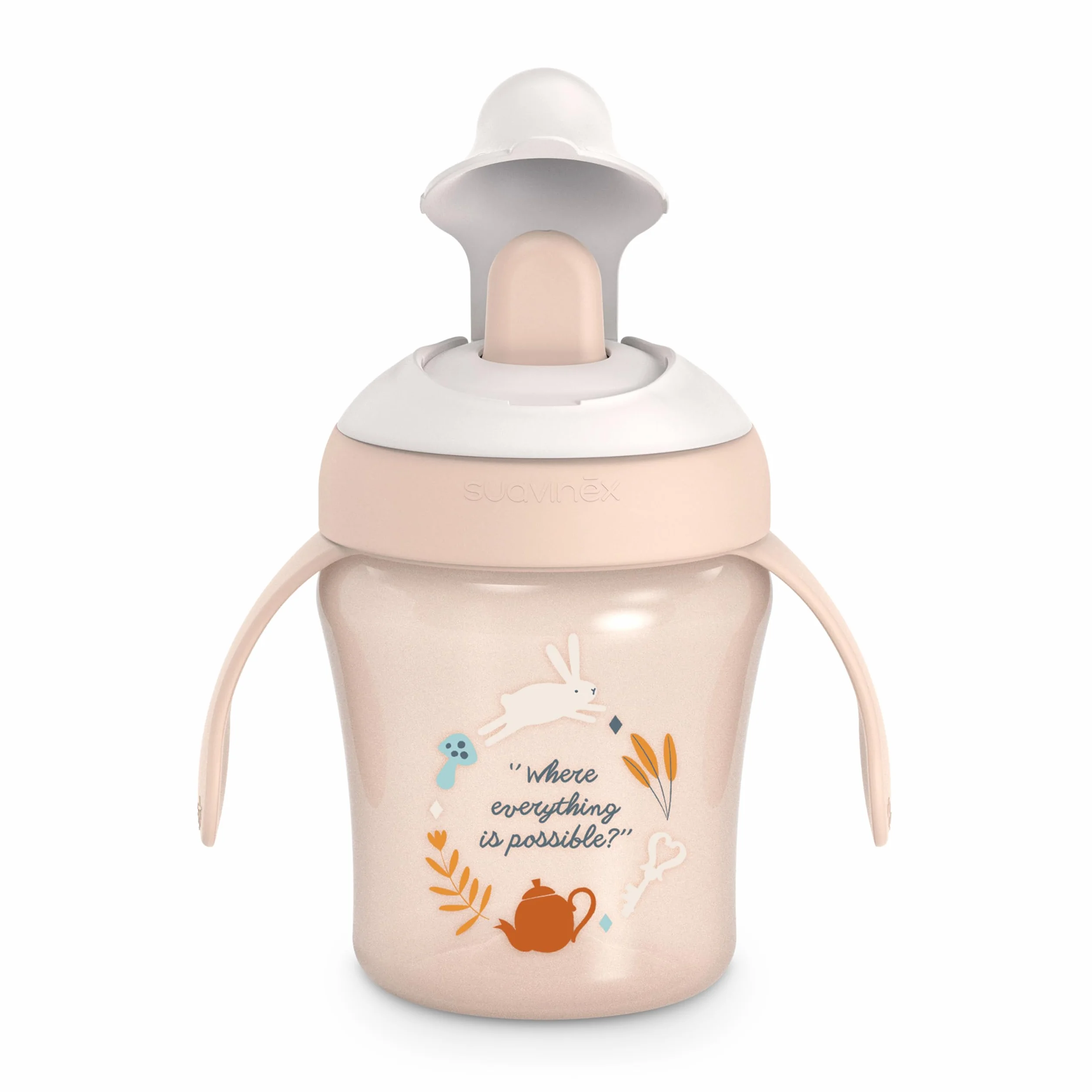 Suavinex Tasse d'Apprentissage Bec Rigide 200 ml Anti Fuite Couvercle Rabattable Anses Passe Lave-Vaisselle Wonderland Rose