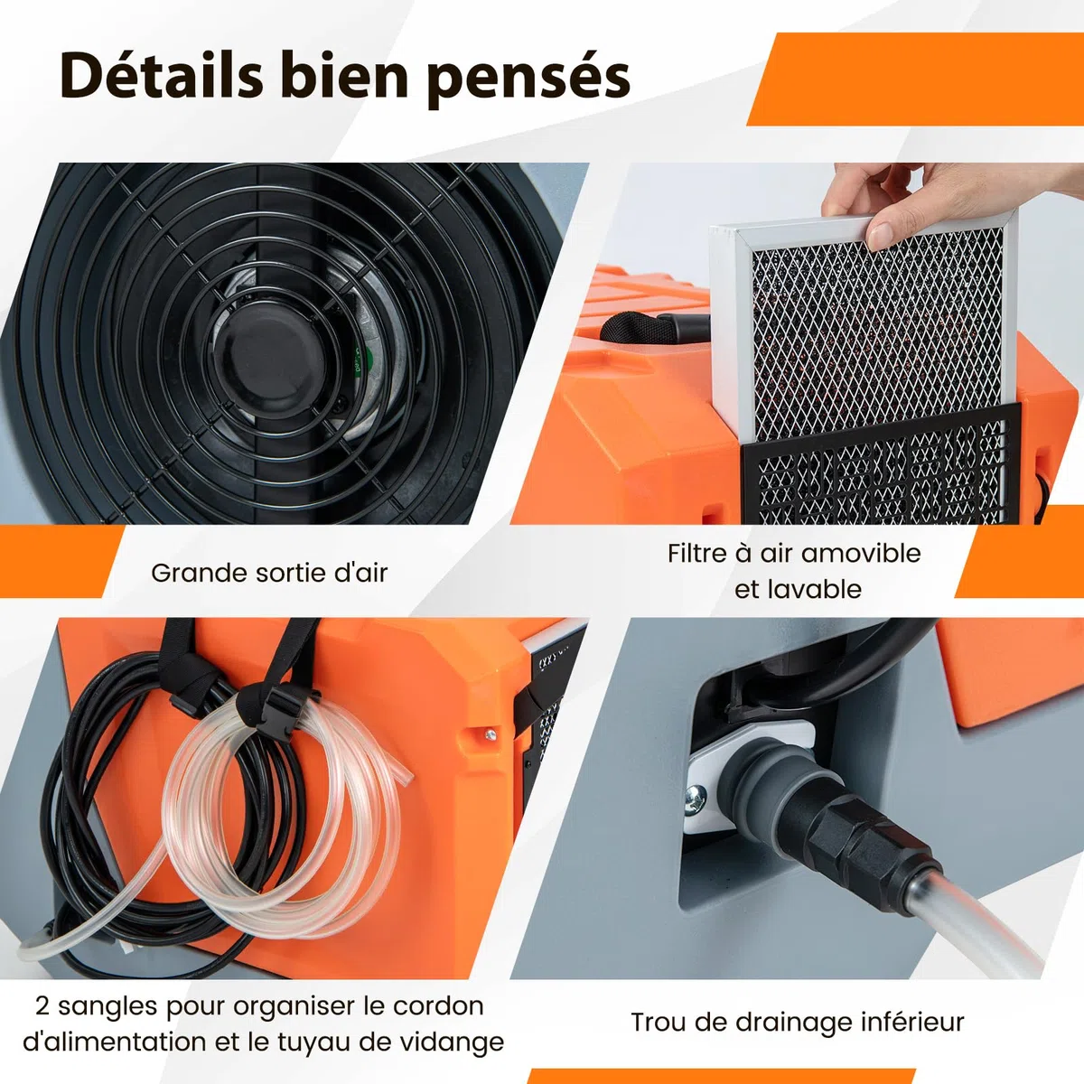 COSTWAY Déshumidificateur Commercial 85L/Jour avec Pompe 2 Roues (Orange)