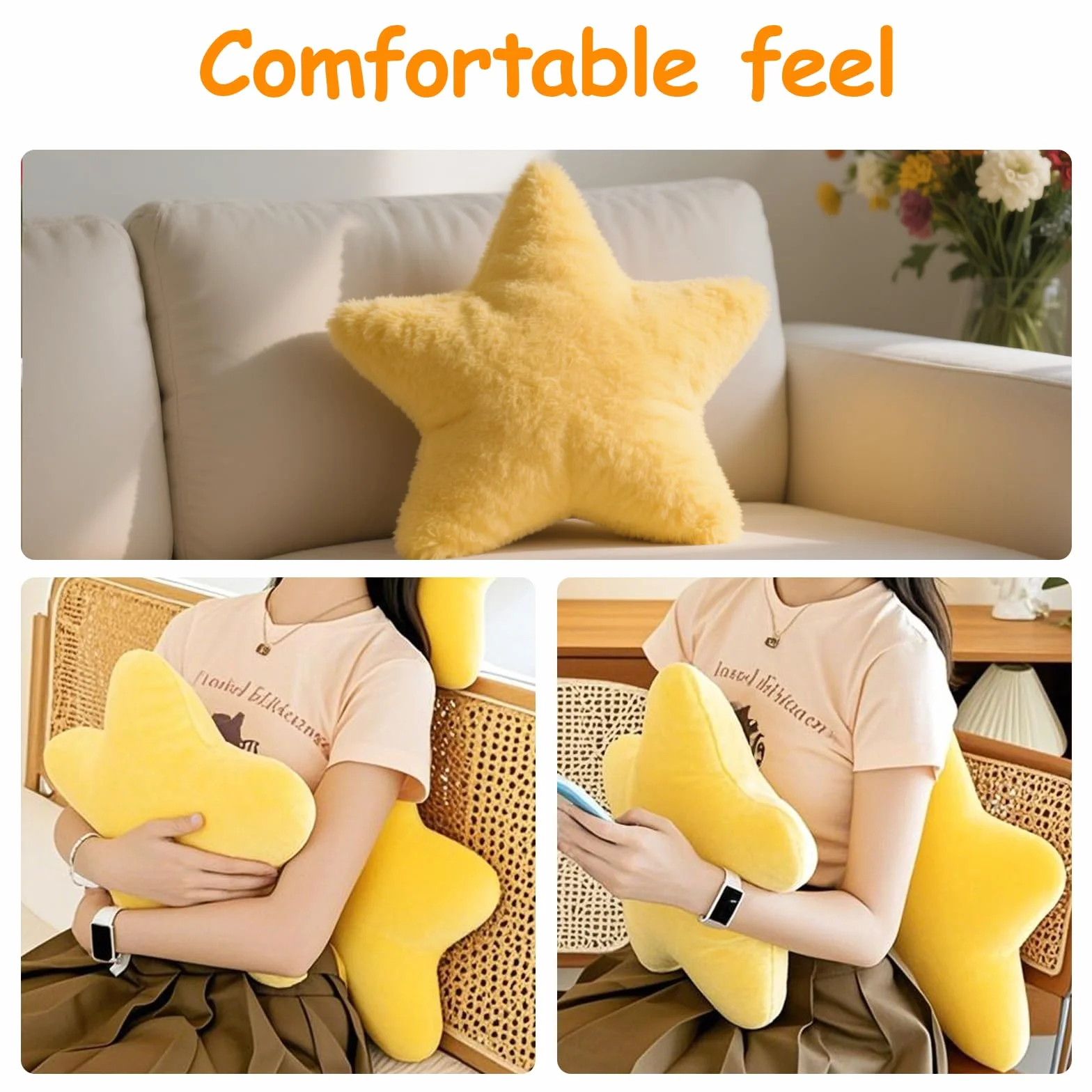 Children's Star Cushion Soft Fluffy Decorative Pillow for Bedroom Boys Girls Yellow 30cm
