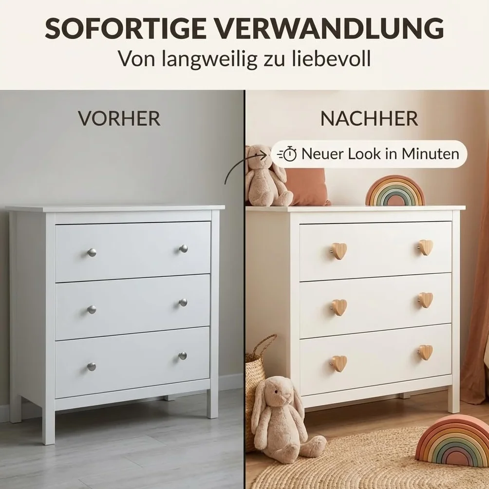 Lot de 12 boutons de meuble en bois en forme de cœur pour commodes