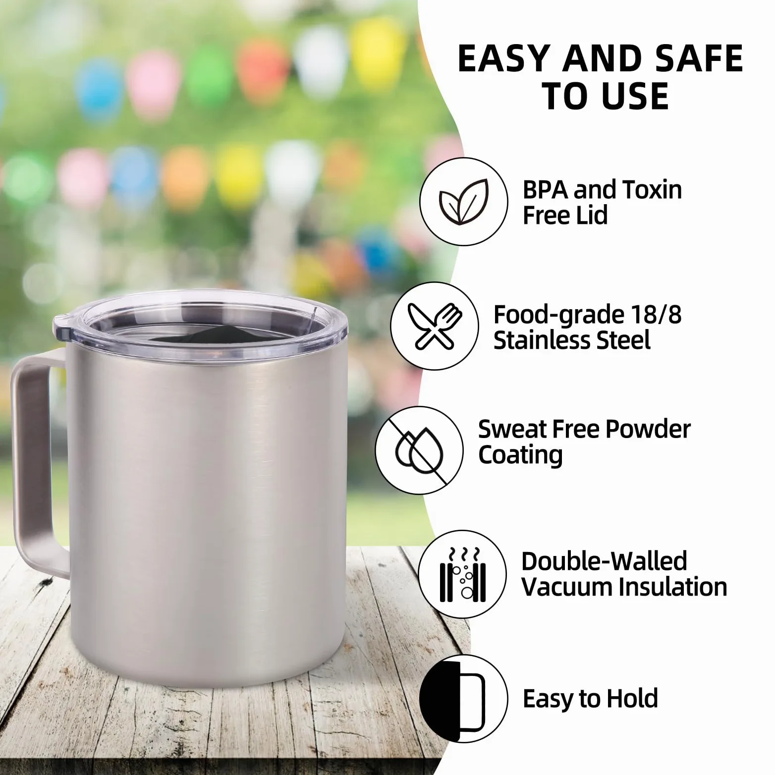 Volhoply Lot de 4 tasses à café isothermes en acier inoxydable avec couvercle – Tasse à café de voyage à double paroi avec poignée – Gobelet isotherme réutilisable en métal pour le camping – Cadeau de