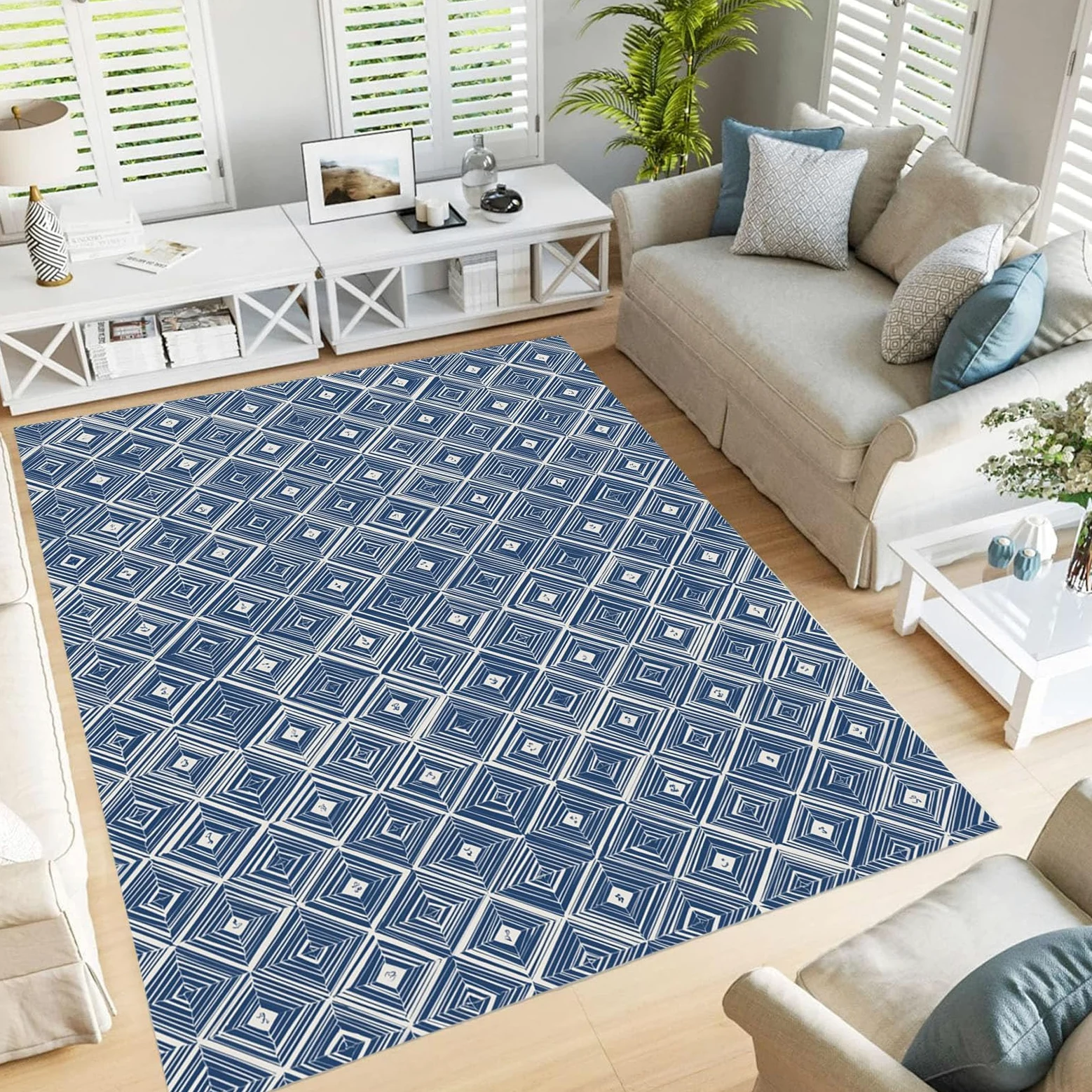 Tapis Lavable Losange Rayé, Antidérapant Géométrie Orientale, Résistant Aux Taches pour Intérieur, Décoration pour Salon, Chambre À Coucher, Bureau - Bleu Marine - 80X150Cm
