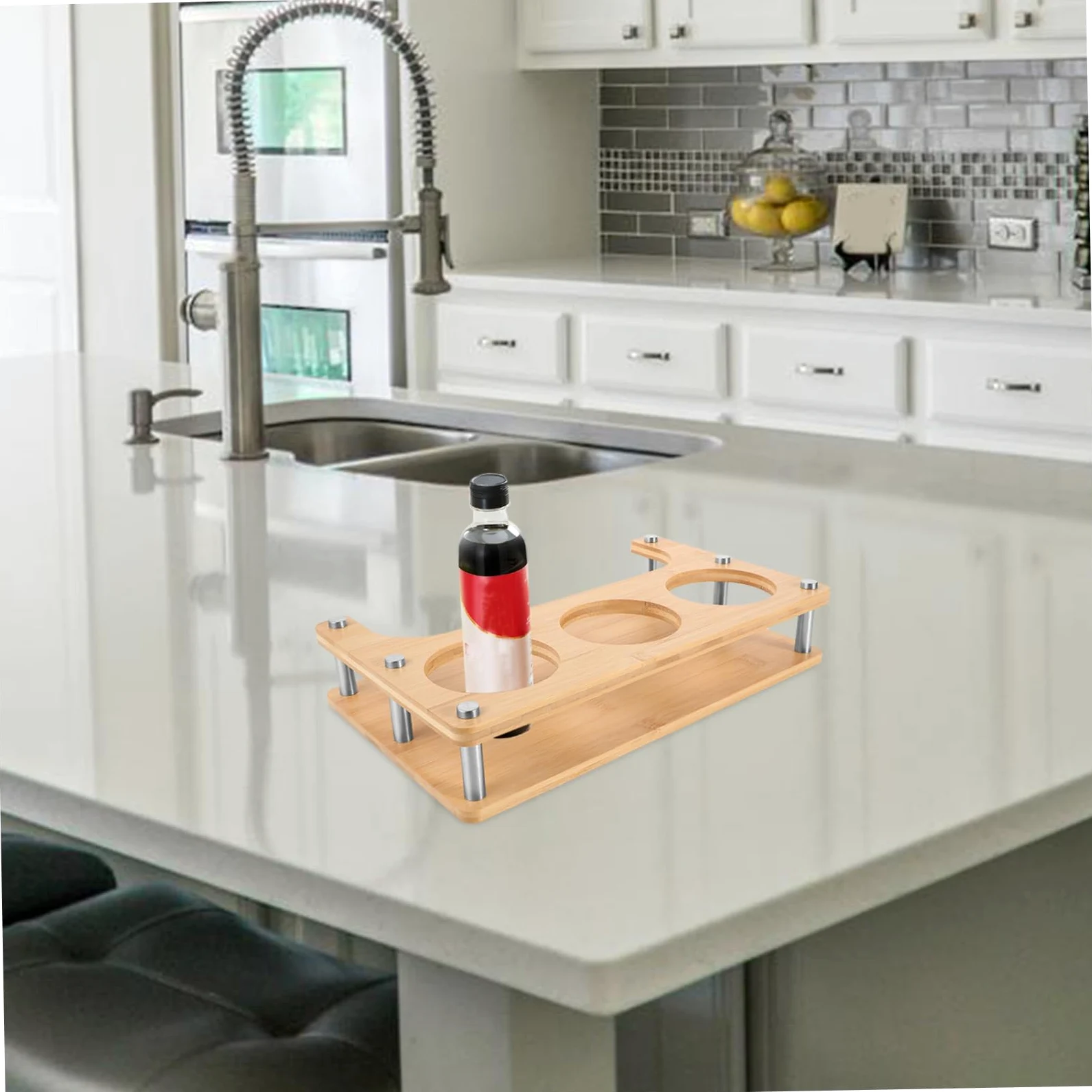 Abaodam Rack De Stockage De Pot D'assaisonnement Distributeur D'épices Portatif Rack à Épices Rond En Métal D'épices De Cuisine Support De Support De Comptoir Bac à Sel Beige En Bois