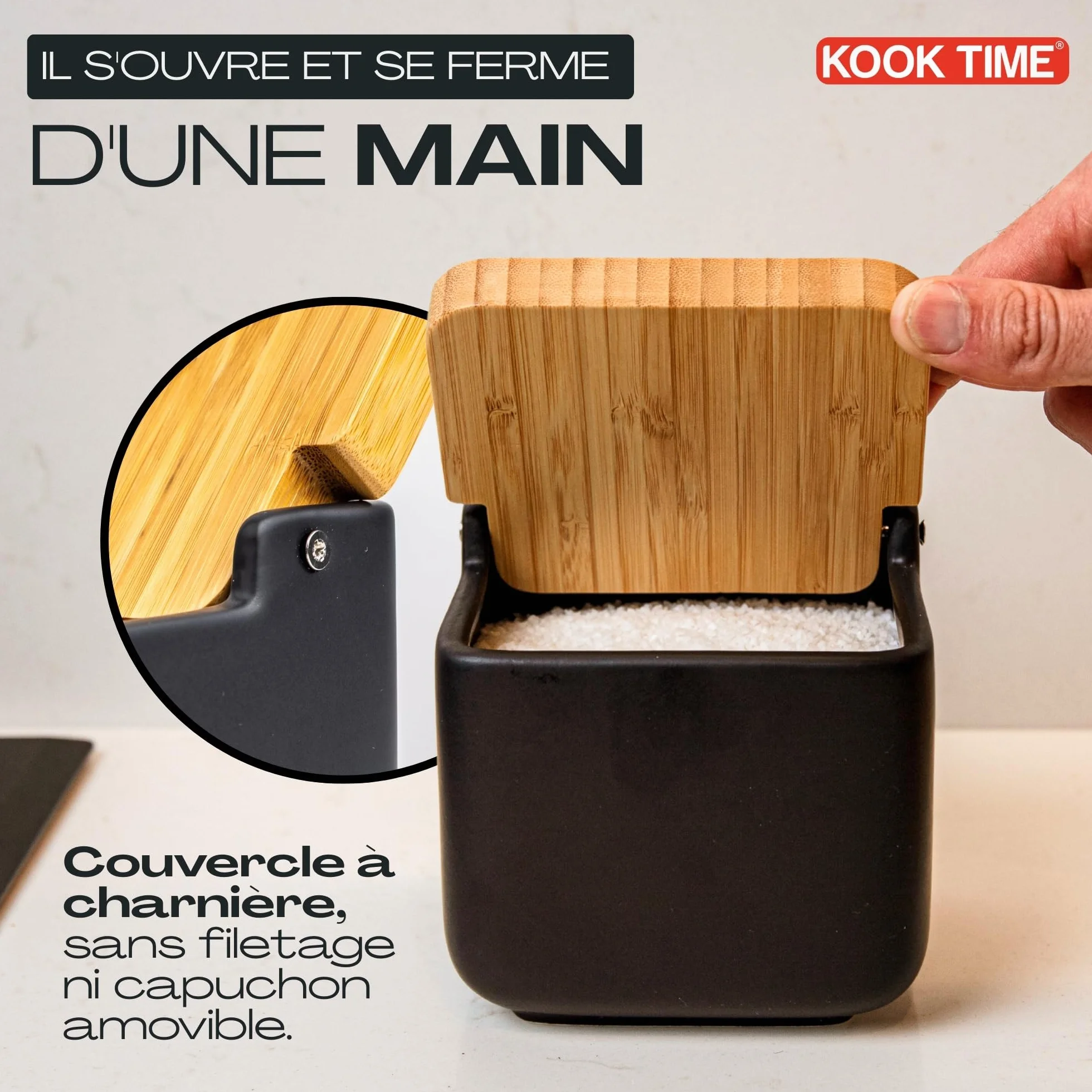 Boîte à sel cuisine céramique avec couvercle bambou 11.5 cm noir