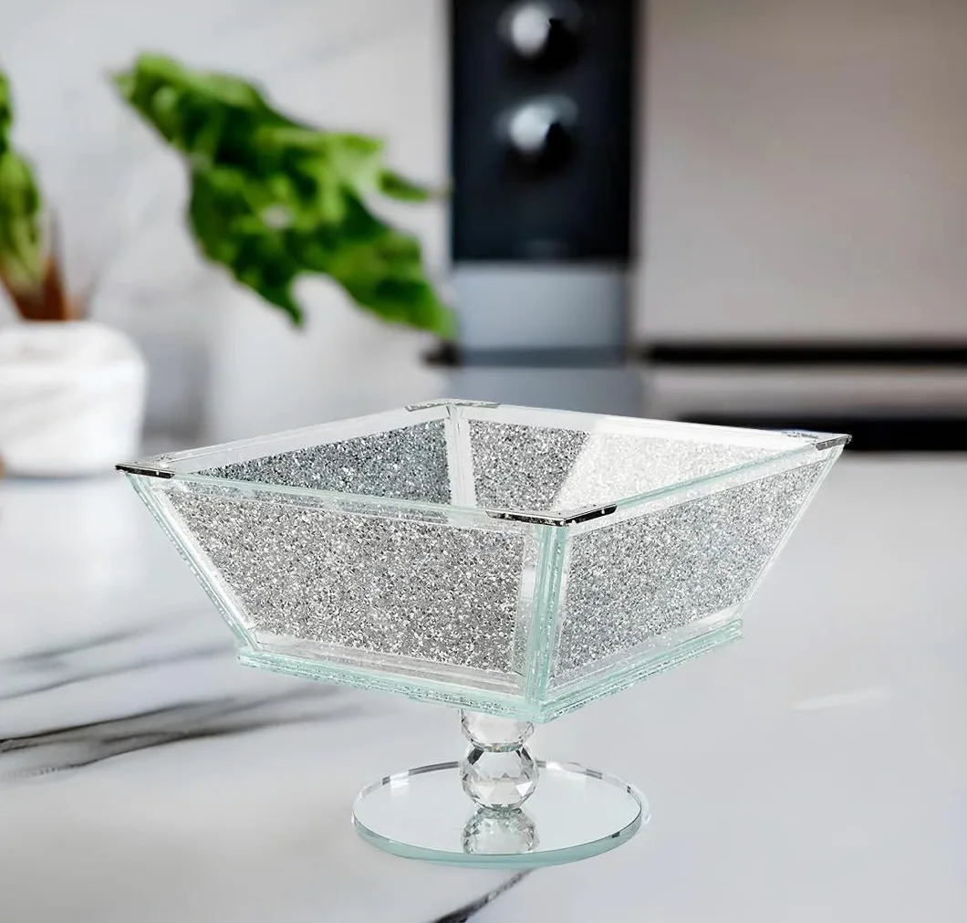 Corbeille à fruits en cristal extra large avec cadre en métal argenté de forme carrée
