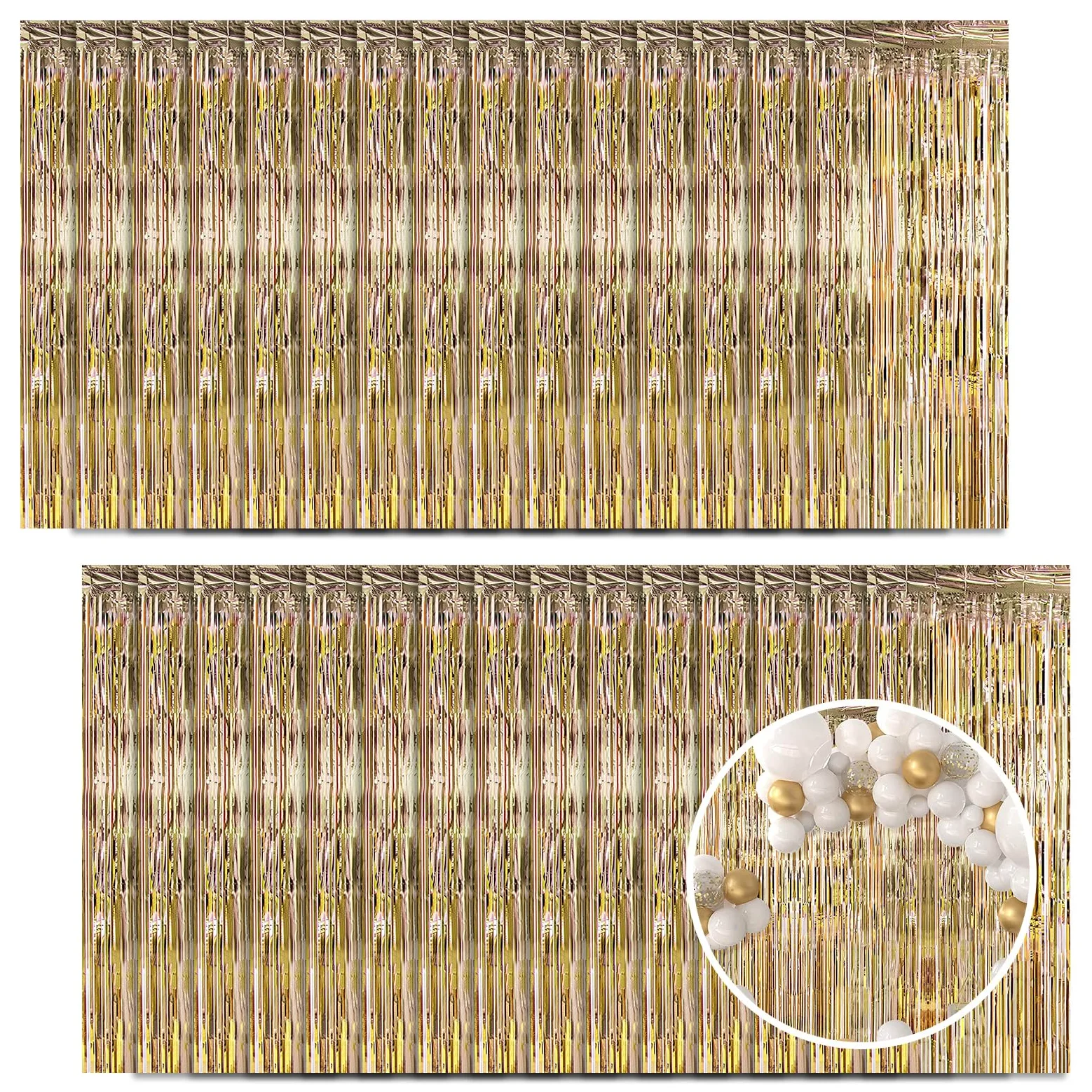 Lot de 30 rideaux à franges à franges en feuille d'or champagne – Accessoires pour fiançailles, mariage, fête prénuptiale, Nouvel An, Saint-Valentin – 10 x 2 m