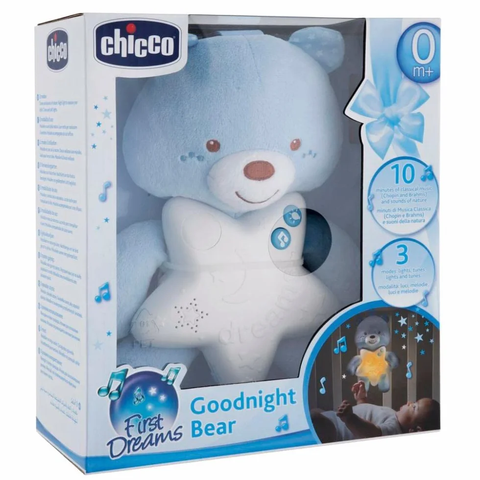 Chicco Veilleuse Petit Ourson First Dreams, peluche douce ours avec mélodies relaxantes et veilleuse, bleu