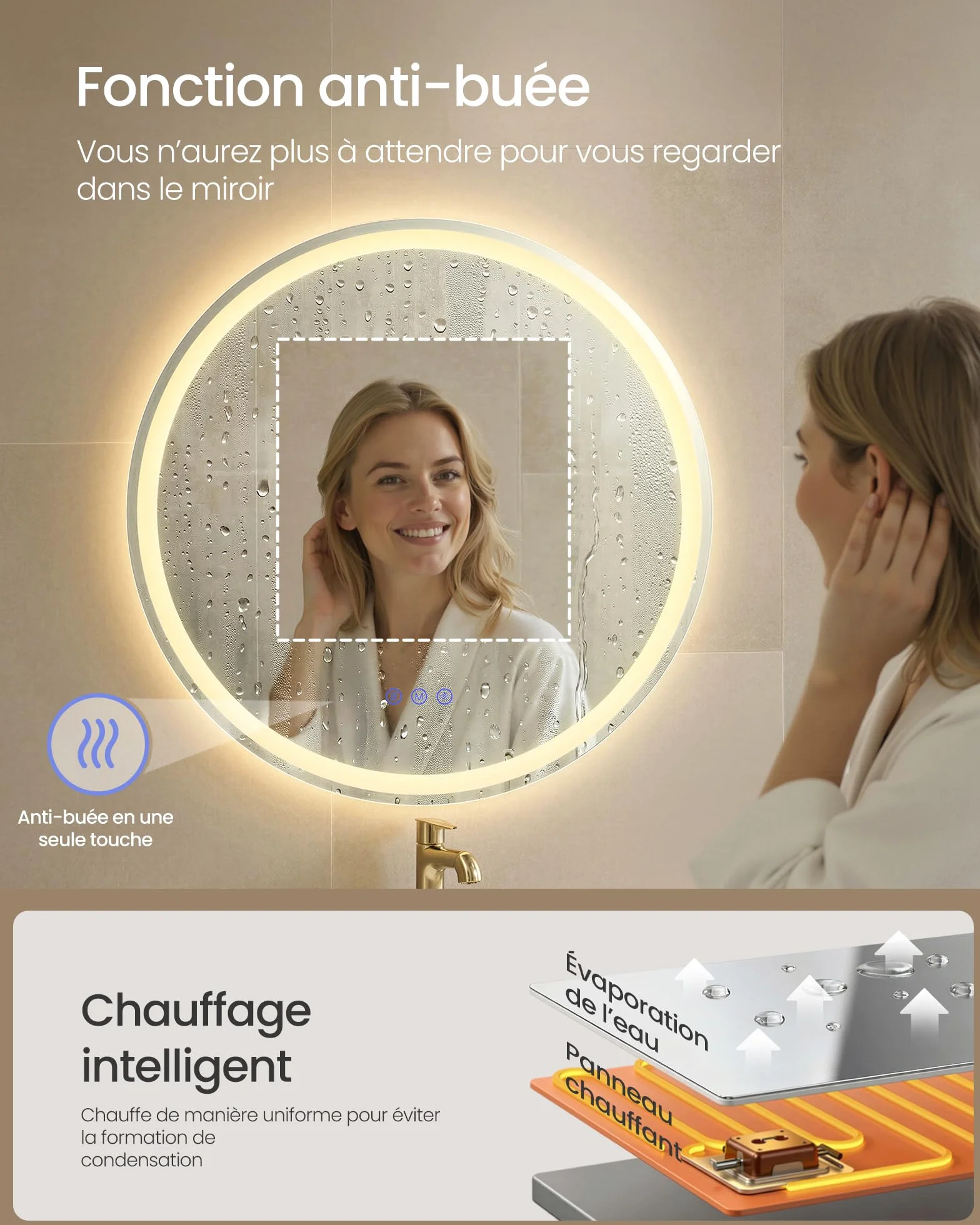 SONGMICS Miroir de Salle de Bain avec Éclairage Anti-buée 61 cm Blanc Nuage LWM211WC02