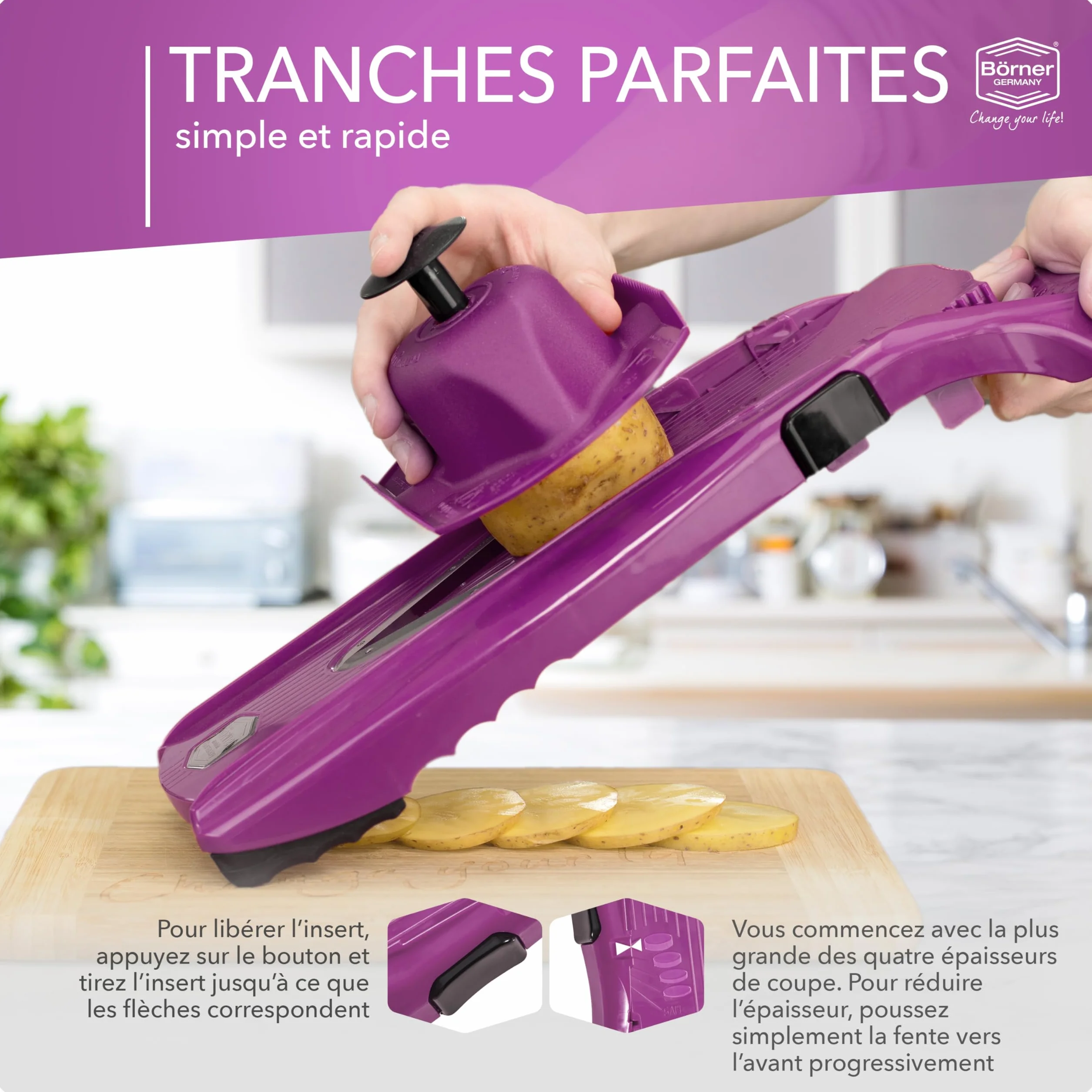 Börner V5 Coupe-Légumes Mandoline Trancheuse Lame Acier Inoxydable 4 Épaisseurs Violet