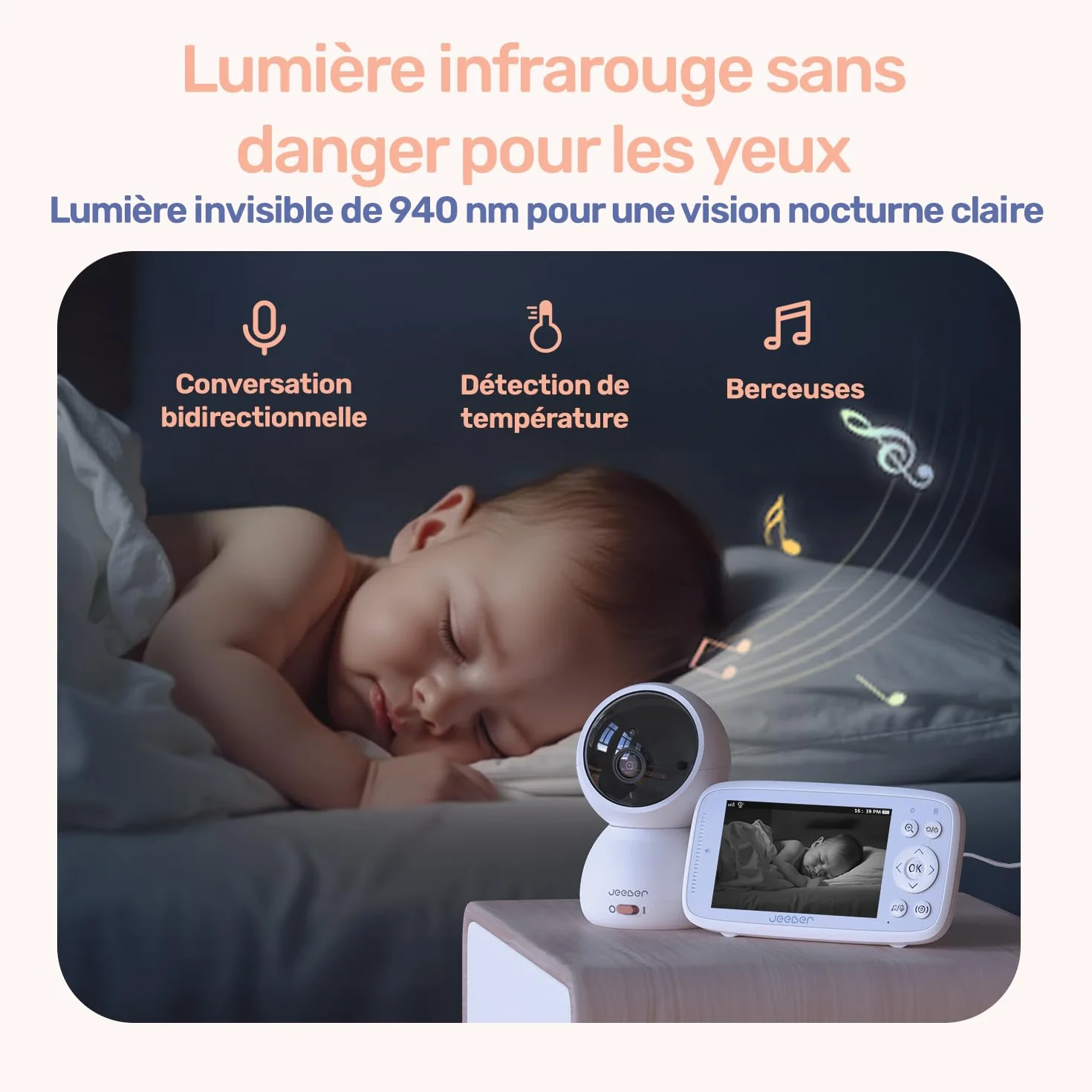 Babyphone Caméra Bébé 4" IPS Écran 1080P 360° Vision Nocturne Communication Bidirectionnelle Température VOX 300m Longue Portée Connecté Smartphone