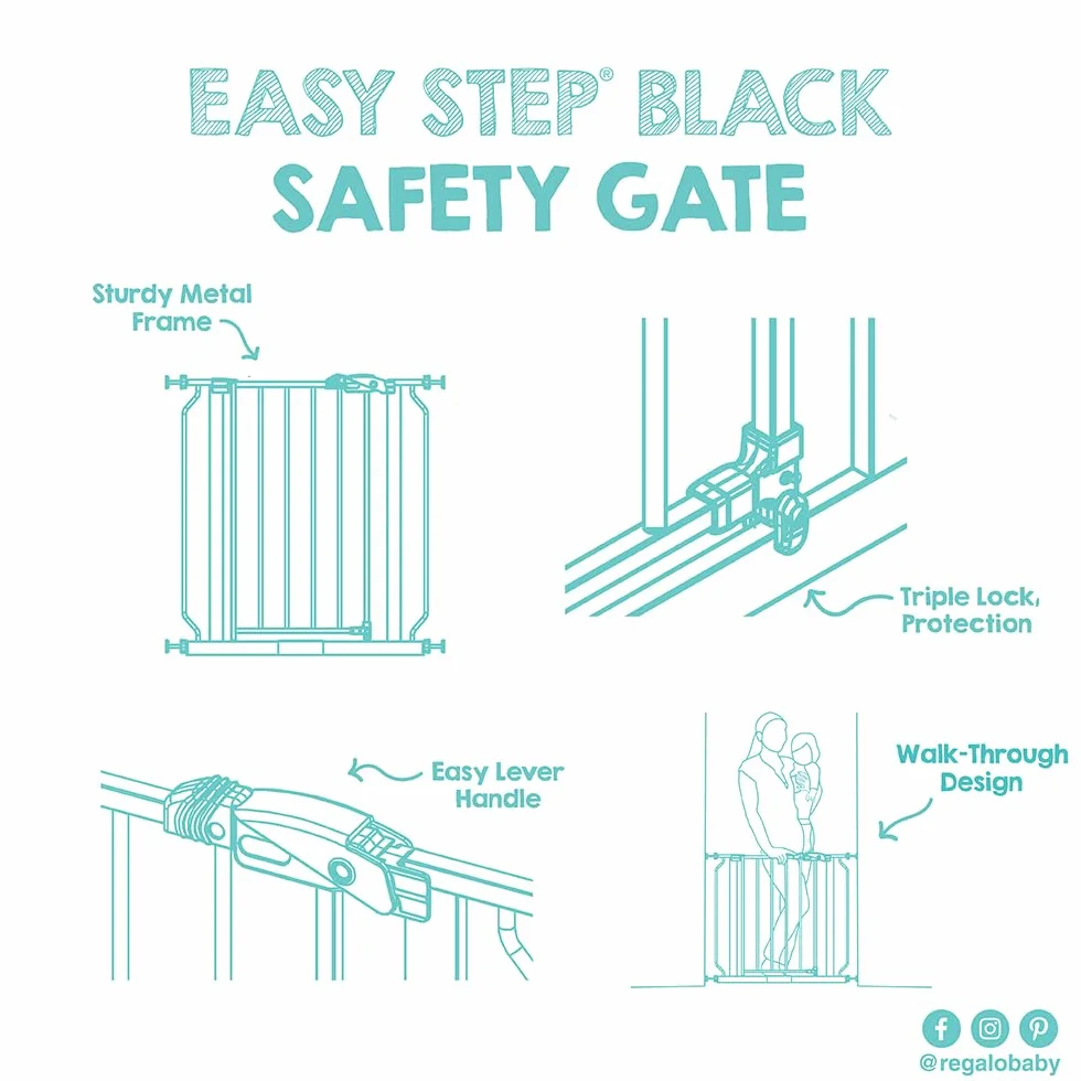 Regalo Safety Easy Step Baby Gate for Doorways & Stairs, Fits 73.6-95.5cm, Pressure Mounted, Black