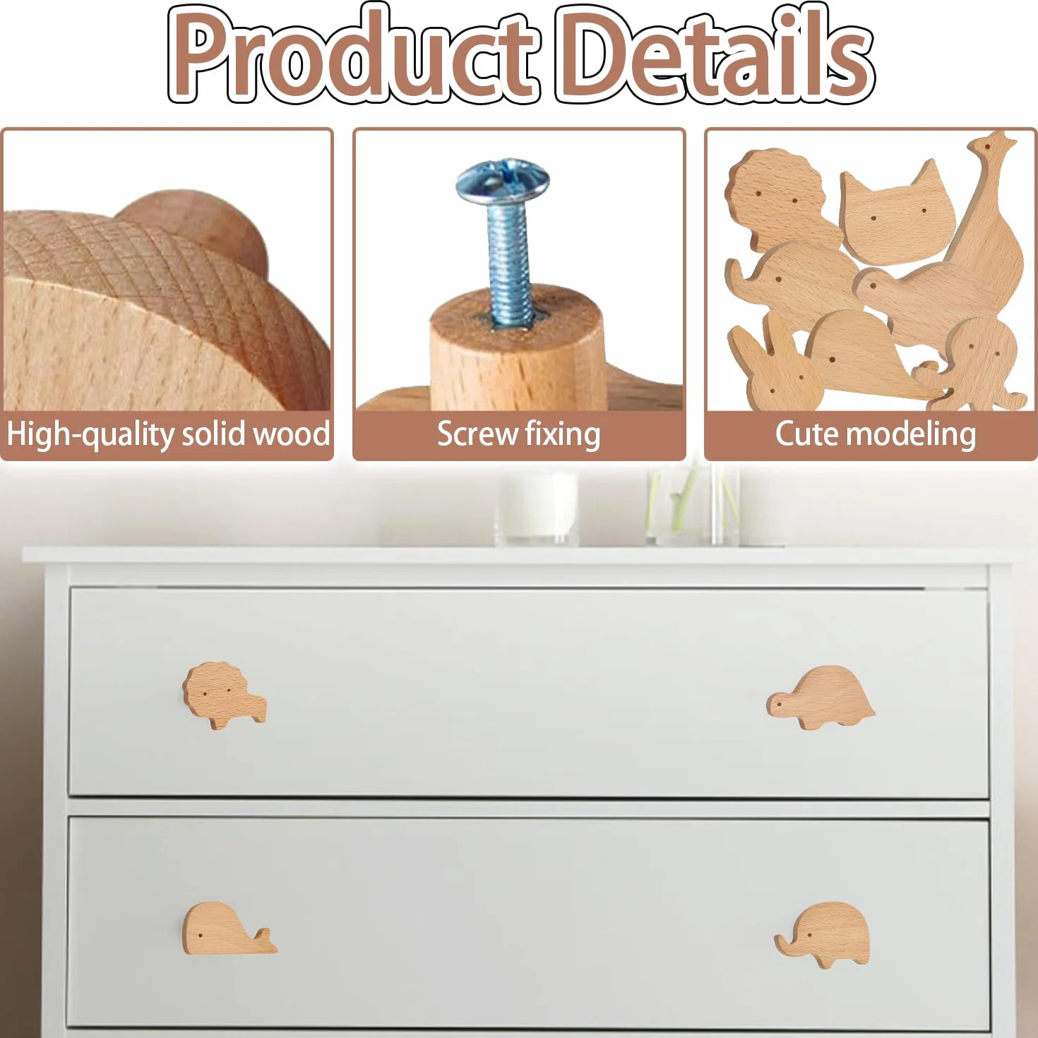 Boutons en bois pour armoire, Lot de 8 Poignées de Meuble en Bois Animals, Poignées animales pour meubles d'enfant