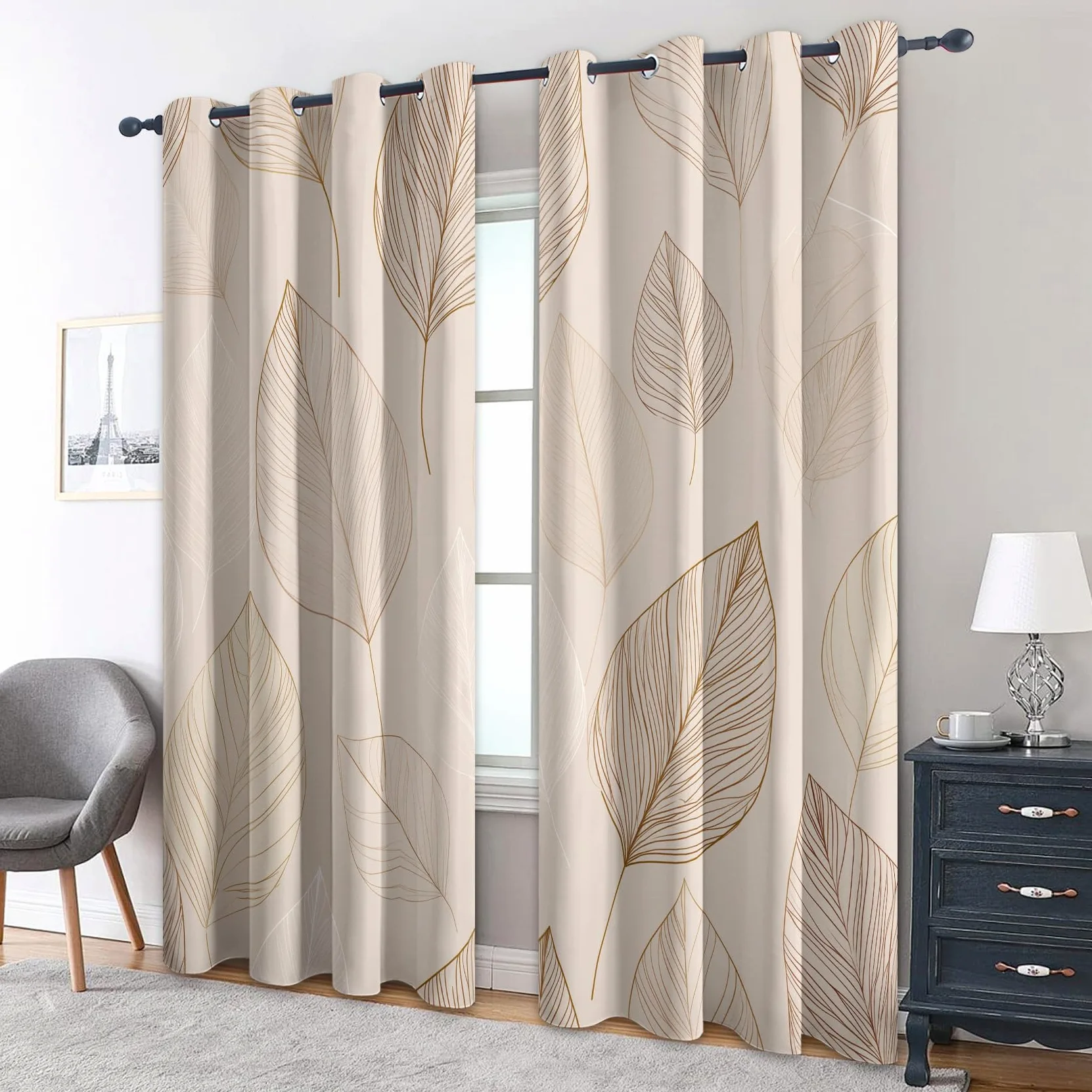 Générique Rideau Occultant Feuille, 117 x 137 (LxH) 2 Pieces, Opaque 95%, Motif Feuilles Plante Beige, Rideaux Fenetre Thermiques à Oeillets, Decoration Maison Salon Chambre GCB166