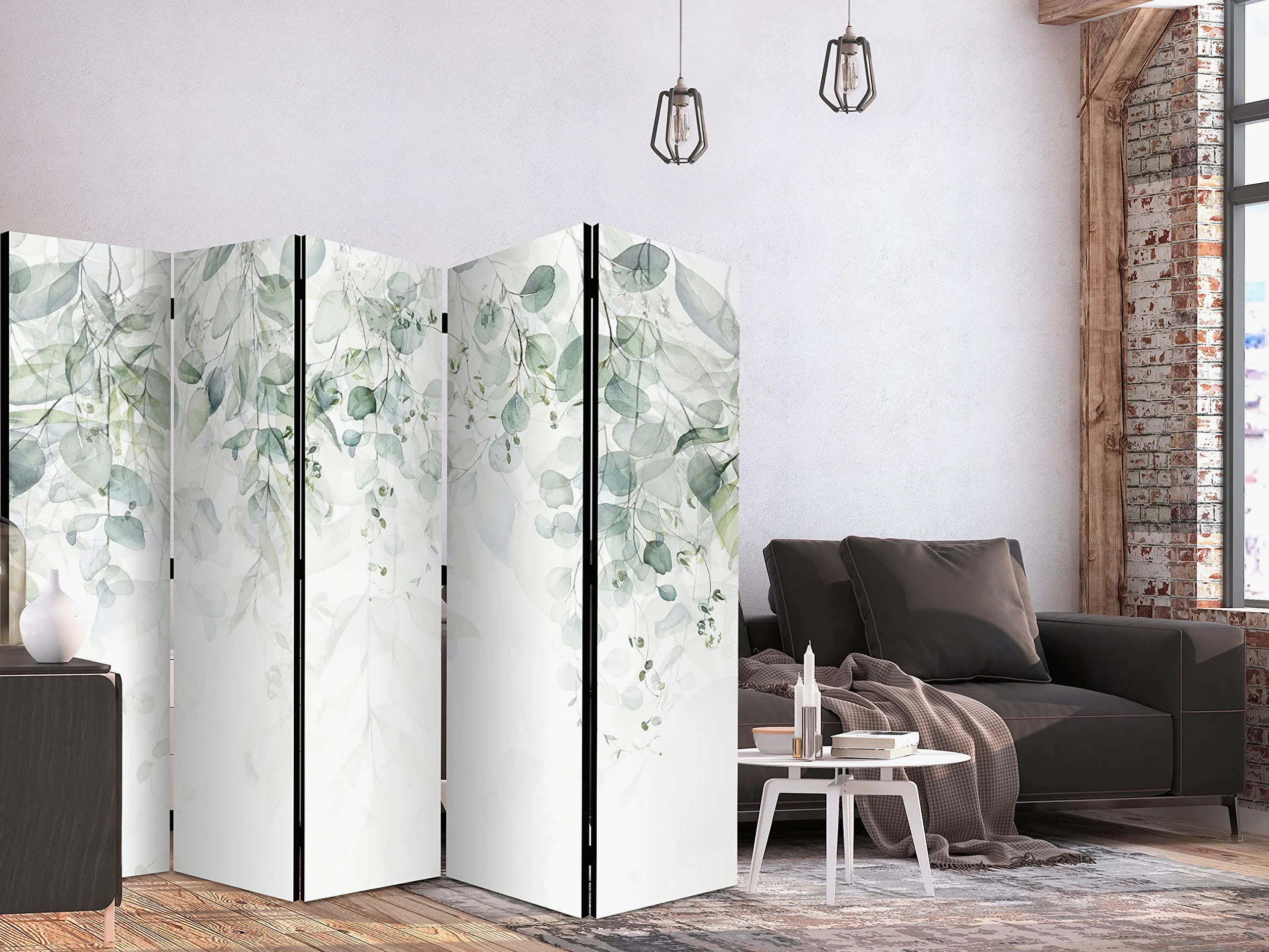 decomonkey Paravent décoratif intérieur Plante Gris Vert 225x172 cm | Cloison de séparation, Paravent en Bois, seul côté, Forêt Jungle Arbres Feuilles Nature Tendances Couleurs de