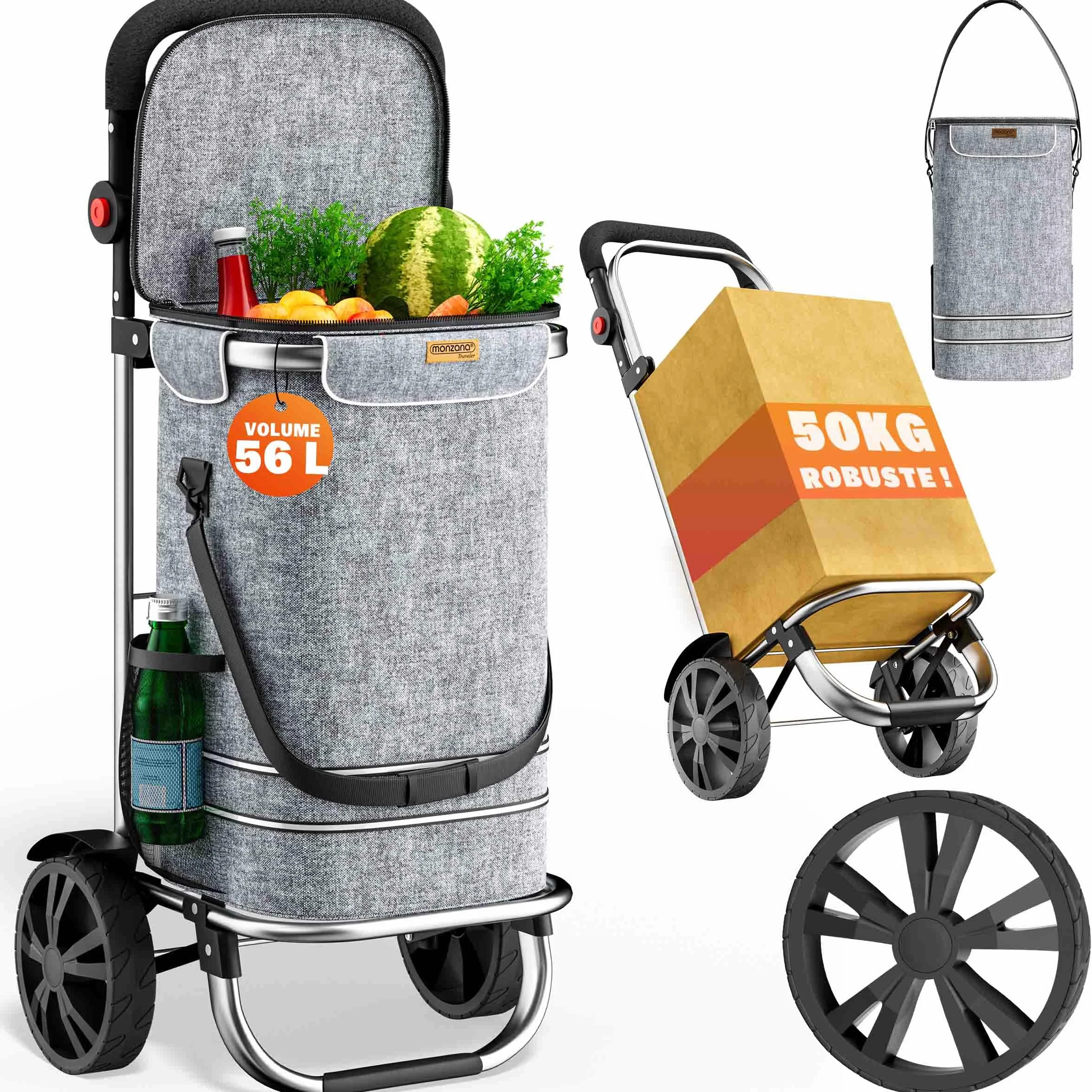 MONZANA Chariot de courses pliable 56 litres 3en1 gris isotherme