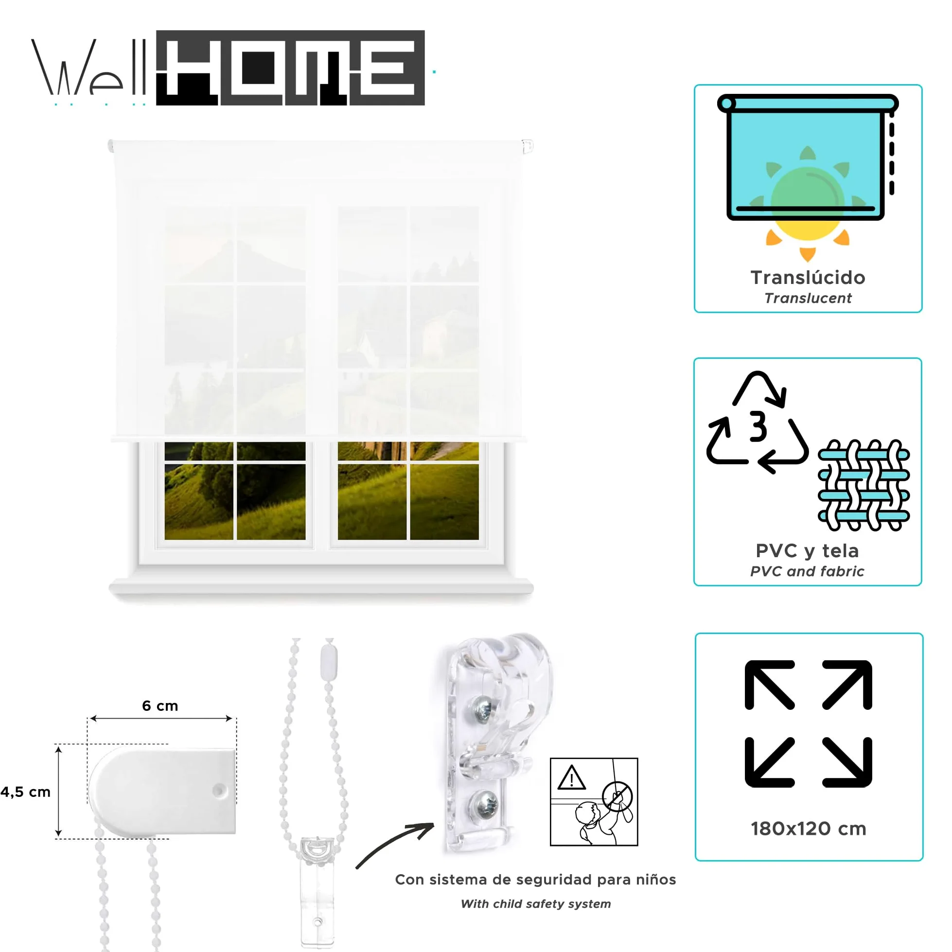 Store Enrouleur translucide uni Blanc 180 x 120 cm Dimensions du Tissu 177 x 115 cm