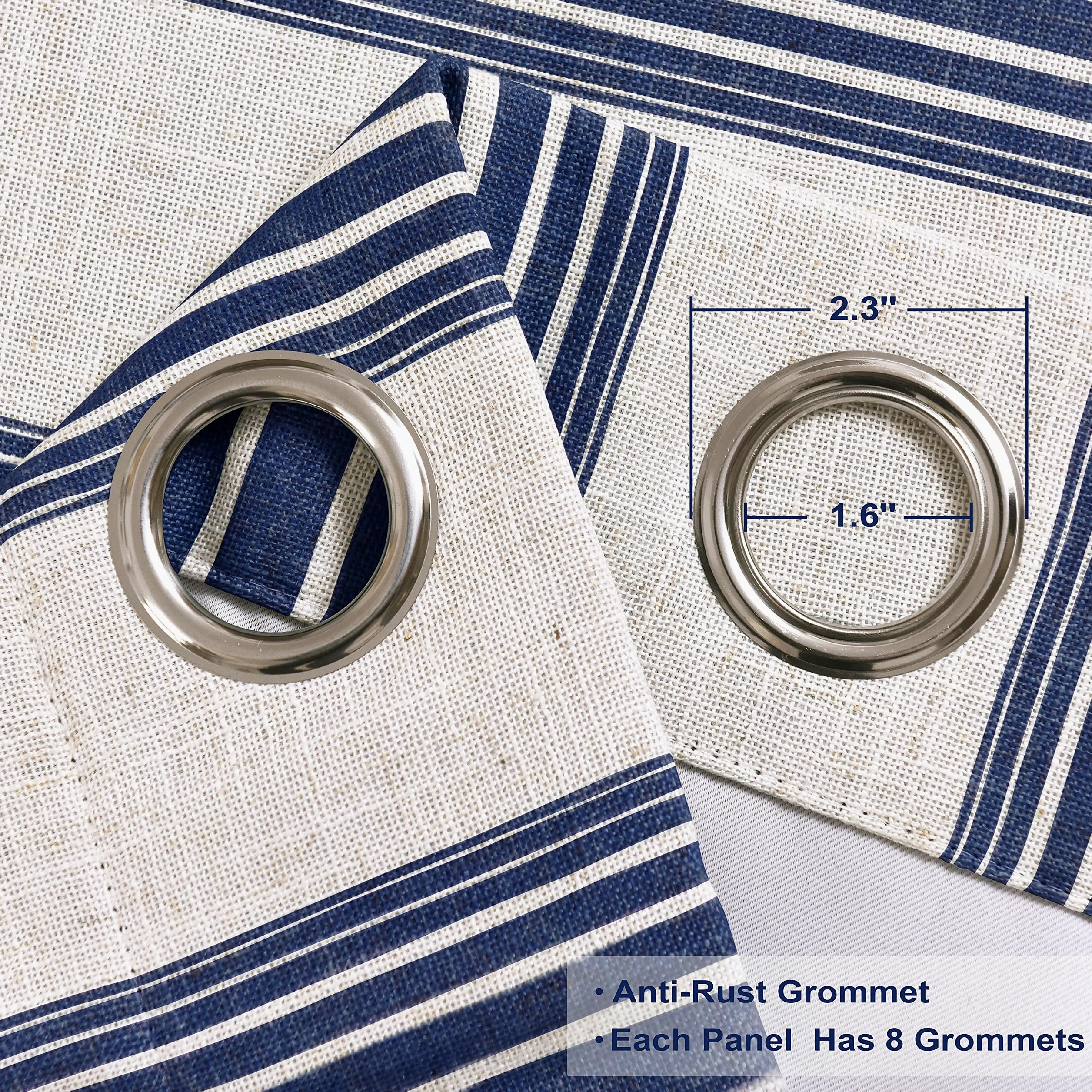 DriftAway Chris Lot de 2 Rideaux occultants en Lin mélangé à Motif à Rayures Verticales et à œillets pour Chambre de Ferme imprimé – 132,1 x 213,4 cm – Ivoire Bleu foncé