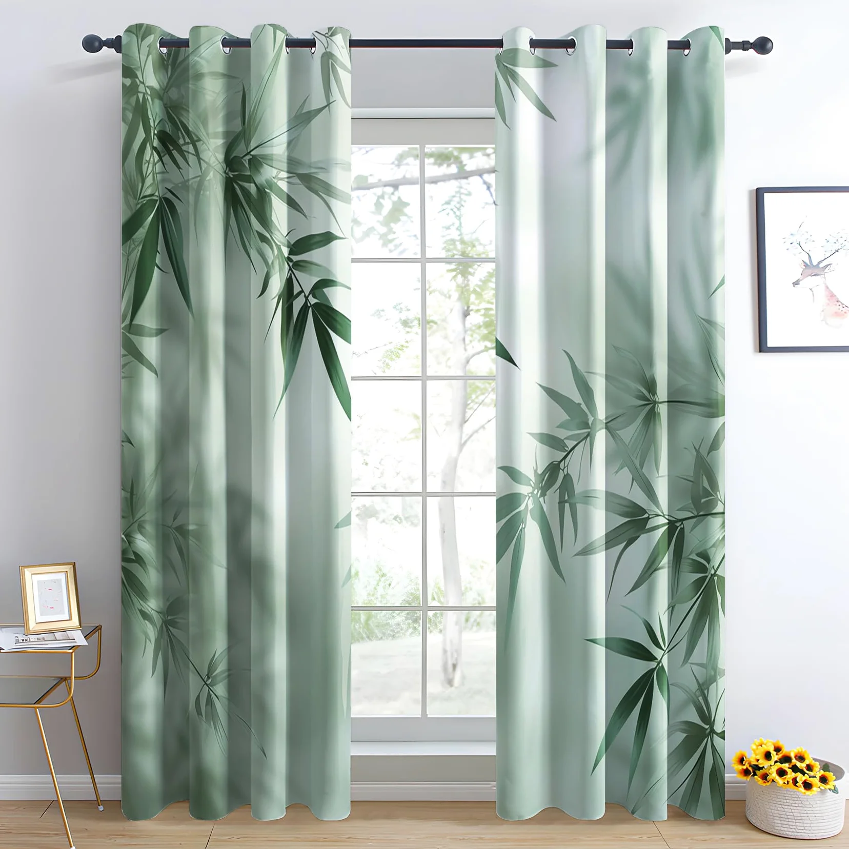 Rideau Occultant Feuille Verte, Botanique Motif Rideaux Thermiques à Oeillets, Rideaux Imprimé pour Salon Chambre Fenetre Moderne Décoration, 140x240 cm (L x H), Lot de 2