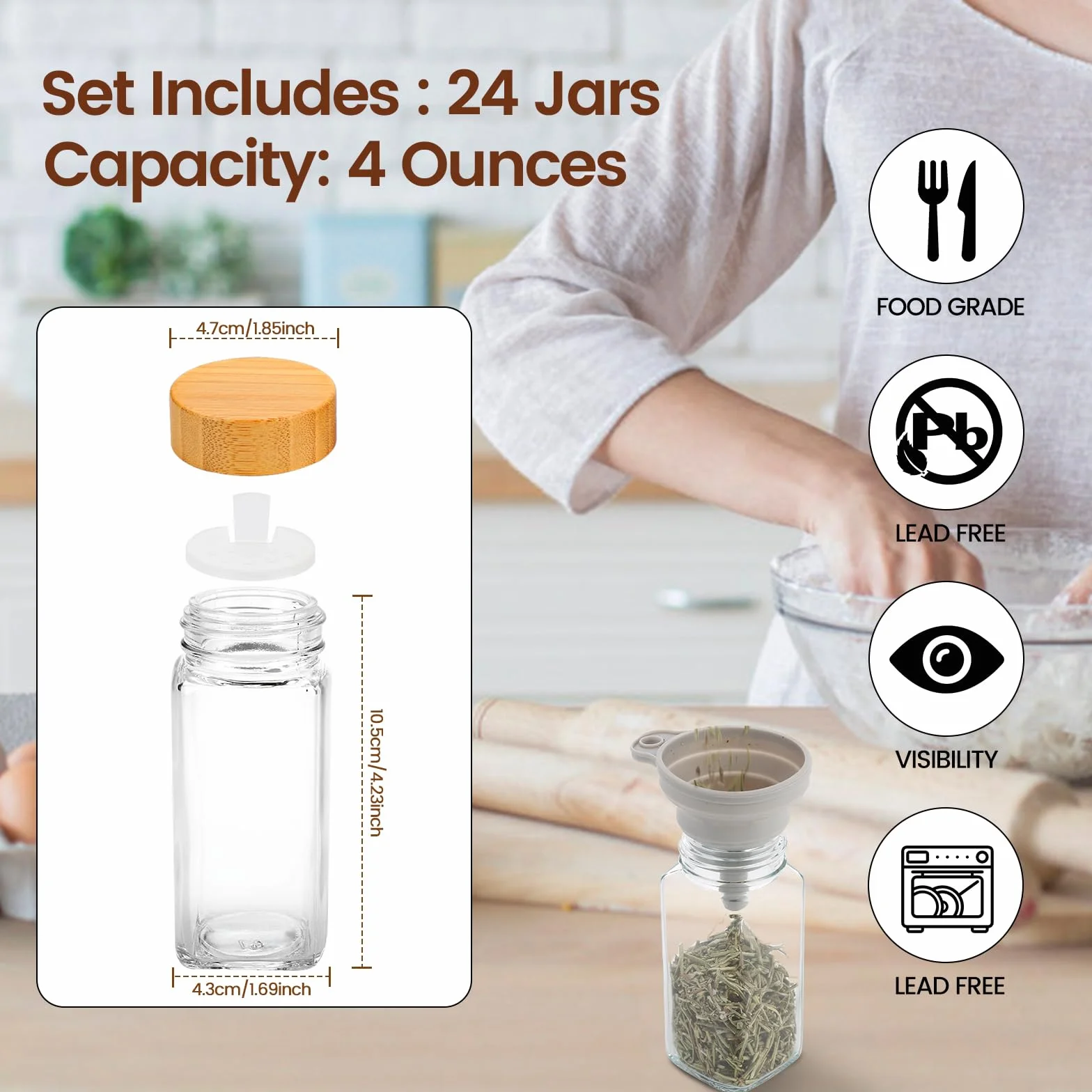 Lannvan Pot à Épices en Verre et Bois - 24 Pièces 120ml Bocaux à Épices avec Tamis, Étiquettes, Entonnoir