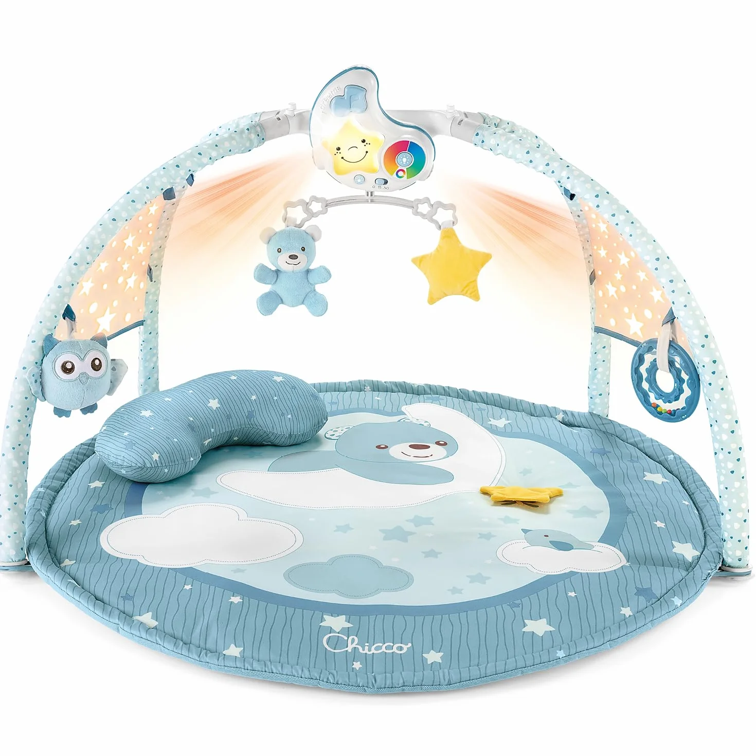 Chicco Tapis d'Éveil 3 en 1 Gym Électronique Multifonction avec Projecteur d'Étoiles, Veilleuse et Musique Relaxante - Bleu
