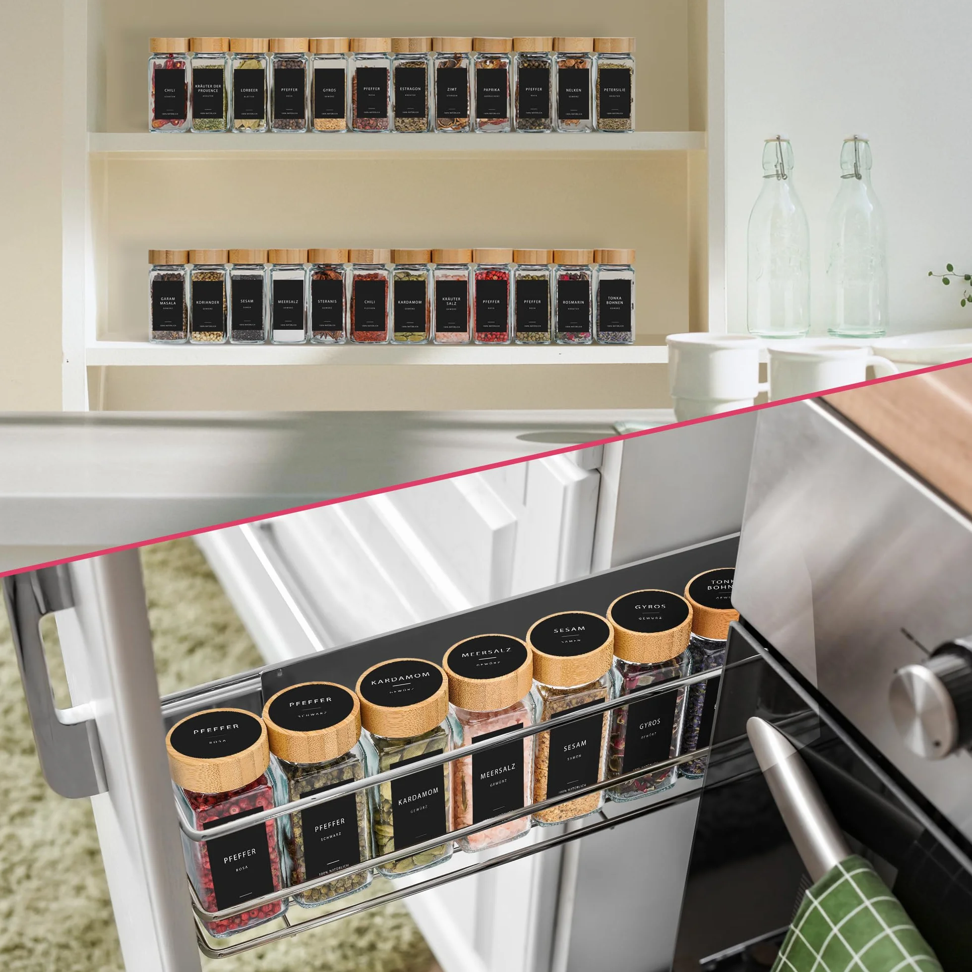 Pots à épices carrés 120 ml lot de 6 avec saupoudreur couvercles bambou étiquettes noires