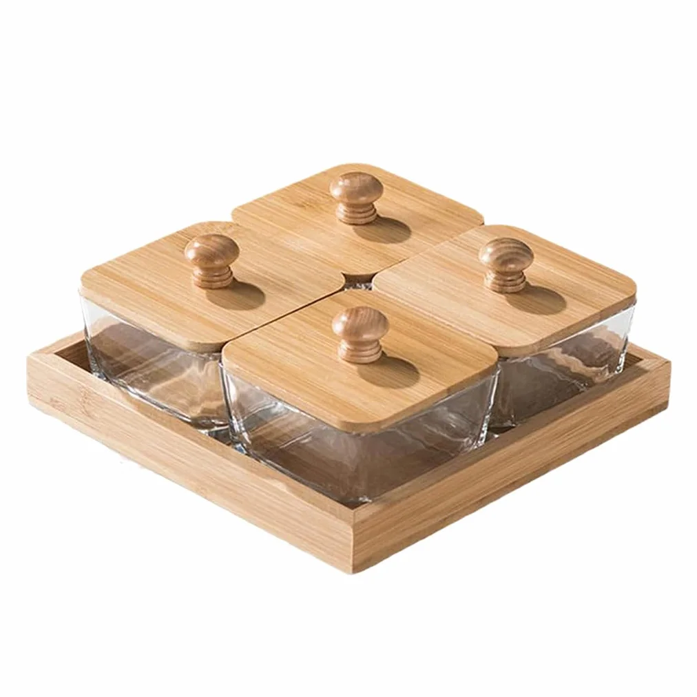 Plateau de service divisé en bambou avec couvercle, organiseur de collations carré pour fêtes, plateau de fruits en bois et boîte de rangement pour bonbons