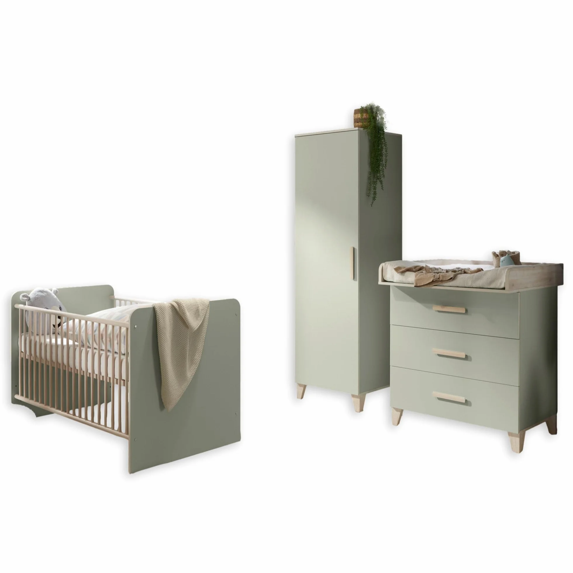 Stella Trading Prizzi Complet Ensemble de Meubles Chambre 3 pièces Armoire Lit Bébé Commode à Langer Bois Vert Pastel