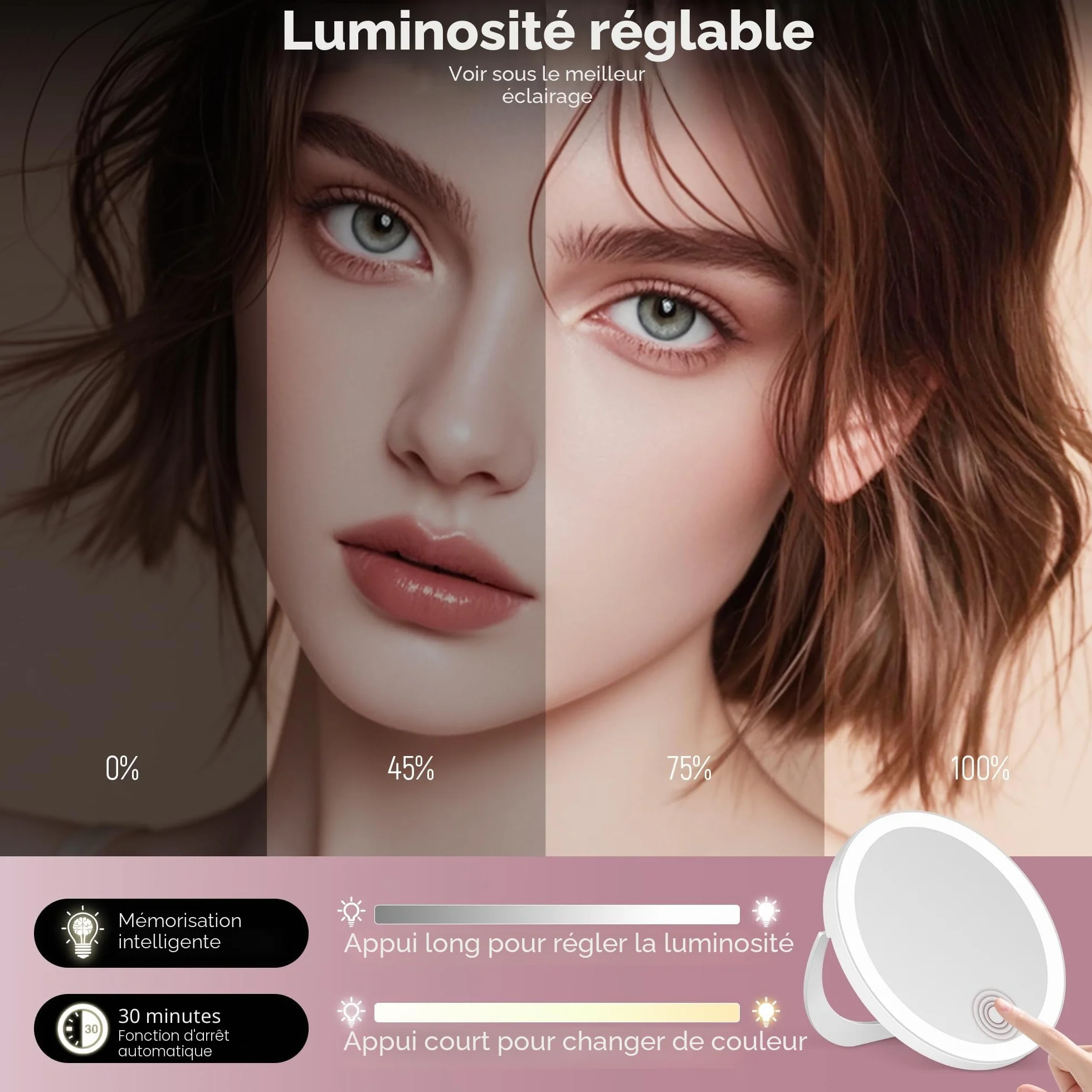 MOMOKUBA Miroir grossissant avec éclairage 30x, Ventouse, intensité Variable, Blanc