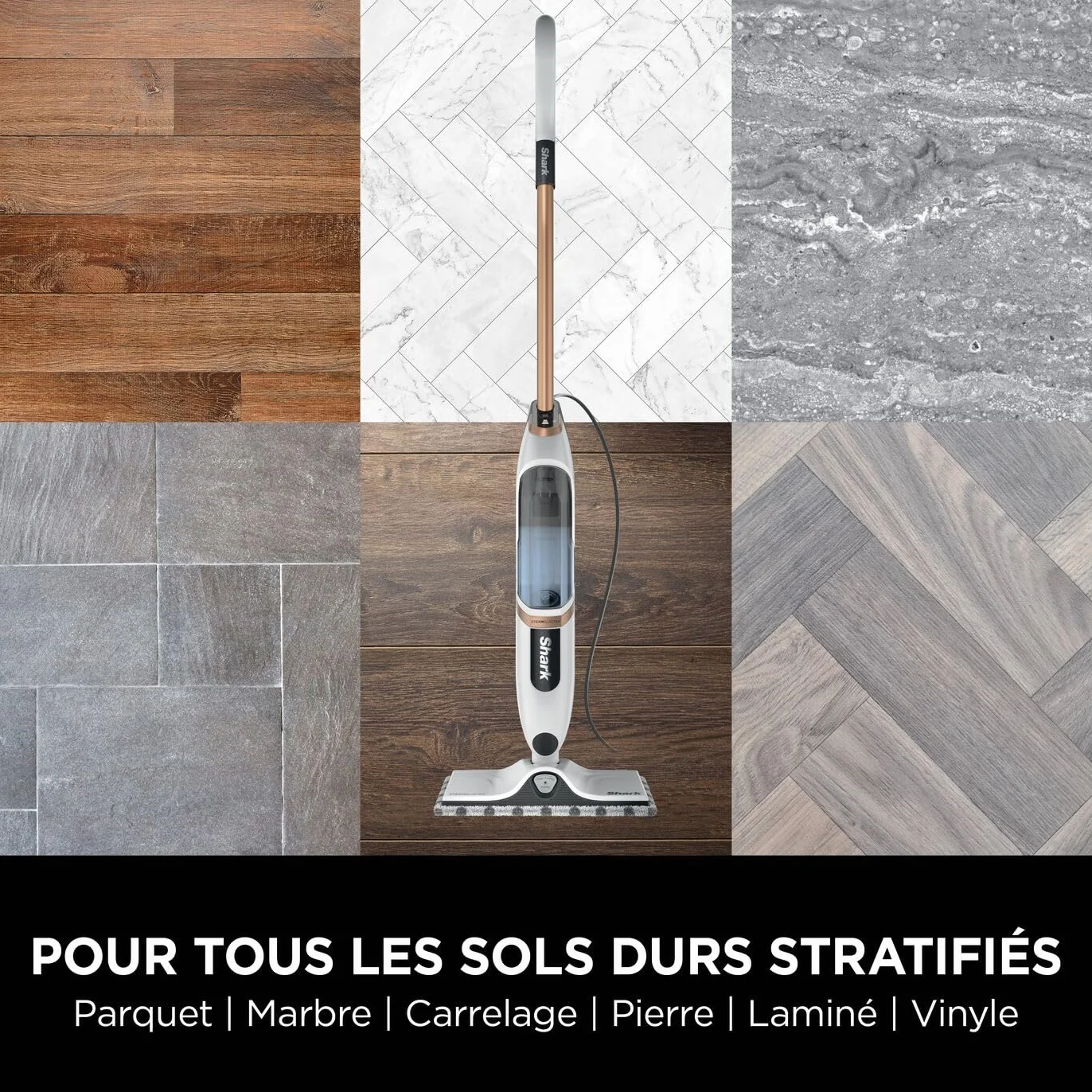 Shark SteamSpot S2001EU Balai vapeur pour sols durs, léger, sans produit chimique, réservoir amovible, 2 tampons Dirt Grip lavables, Blanc et Cuivre