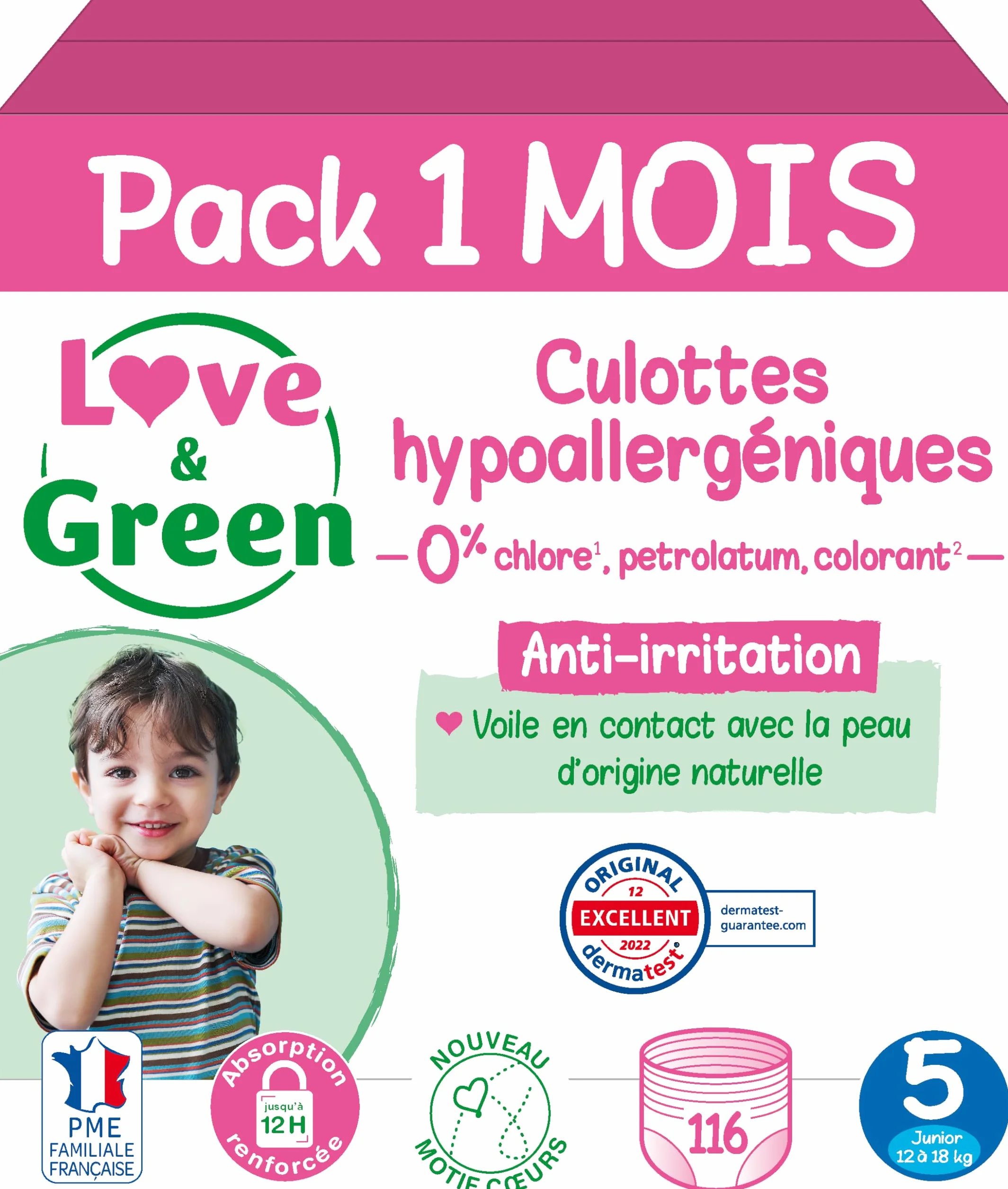 Love & Green Couches Culottes Saines Taille 5 12-18 kg Pack 1 Mois 116 culottes Absorbante anti-fuites