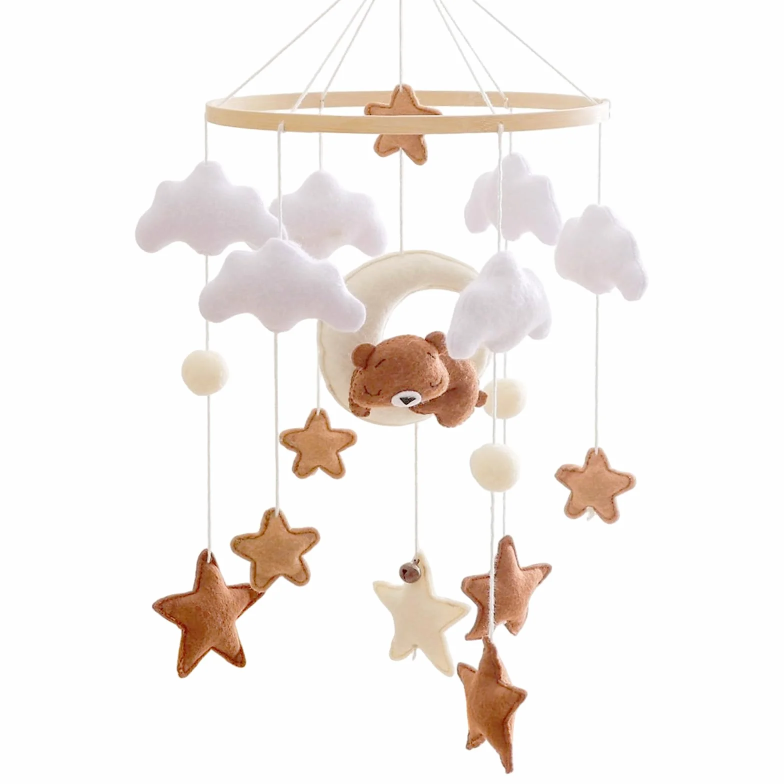 Mobile Bébé Bois Ours Étoiles Nuages Lune Cloches Berceau Jouet Carillon Chambre Bébé Lit Cadeaux Naissance Filles Garçons Marron