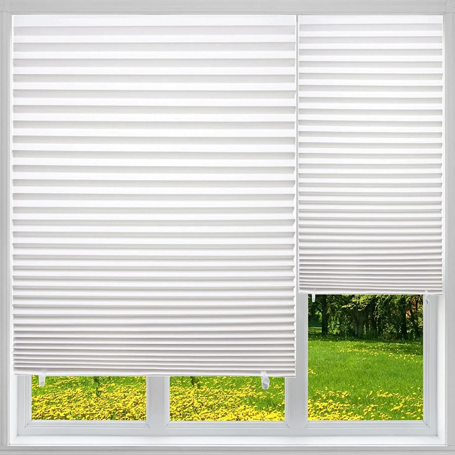 Store Plissé sans Perçage, Store Occultant Temporaire Thermo Protection Solaire pour Fenêtres, Rideau Occultant Thermiques avec 12 Clips - 6 Piece, Facile à Couper et à Installer (Blanc,90X150cm)