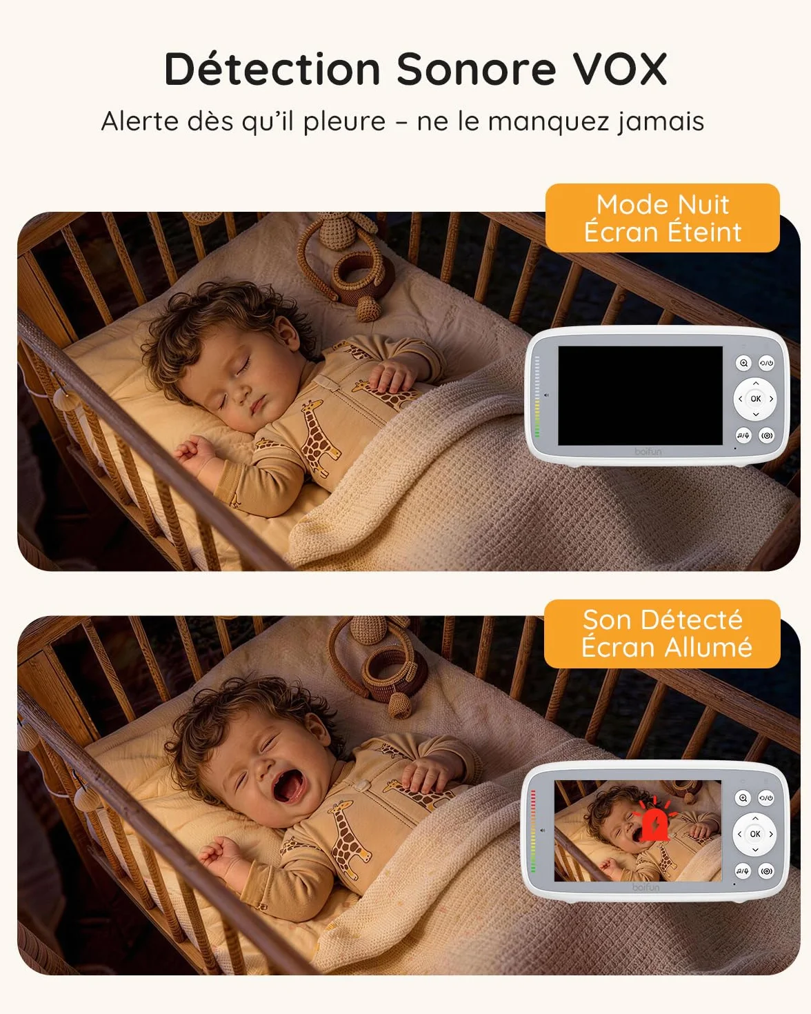 Babyphone Camera Bebe Surveillance sans WiFi, Vision Nocturne Infrarouge Invisible, 4 Pouces HD 720P, Interphone Bidirectionnel