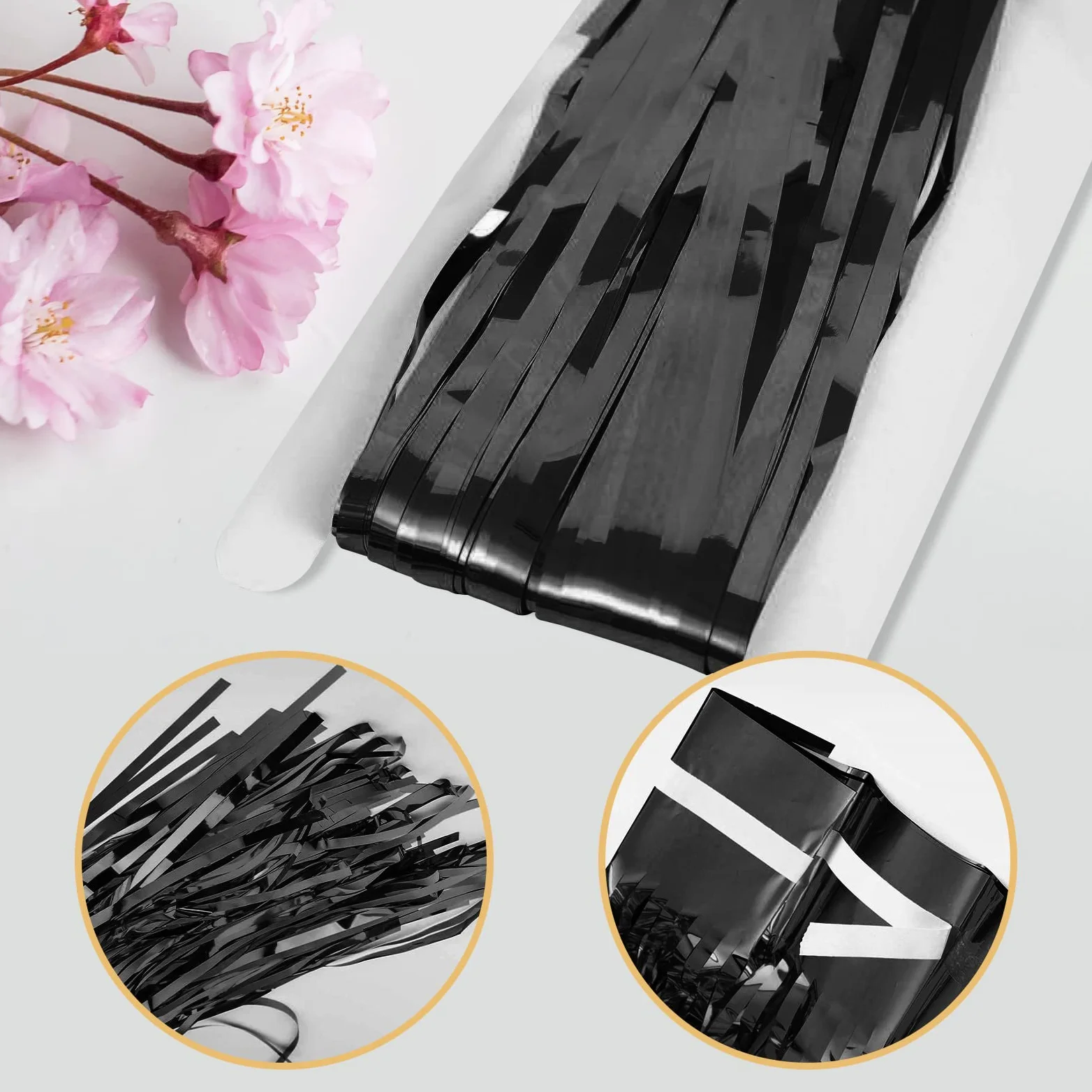 Lot de 50 rideaux à franges en feuille d'aluminium métallique pour décoration de fête d'anniversaire, cabine photo, 1 x 2,5 m, noir