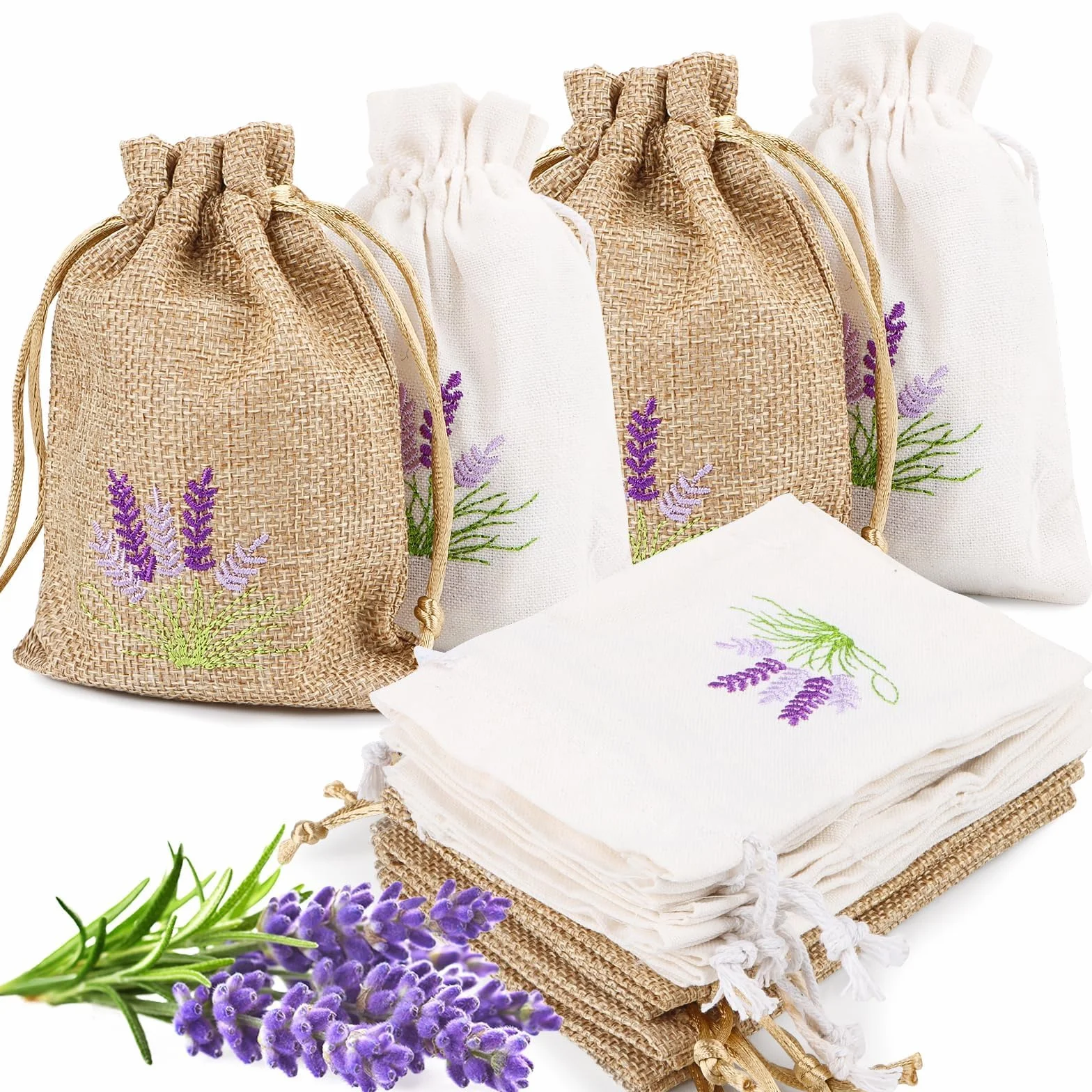 Sachets de lavande vides à remplir avec cordon de serrage - 12 pièces en coton et lin